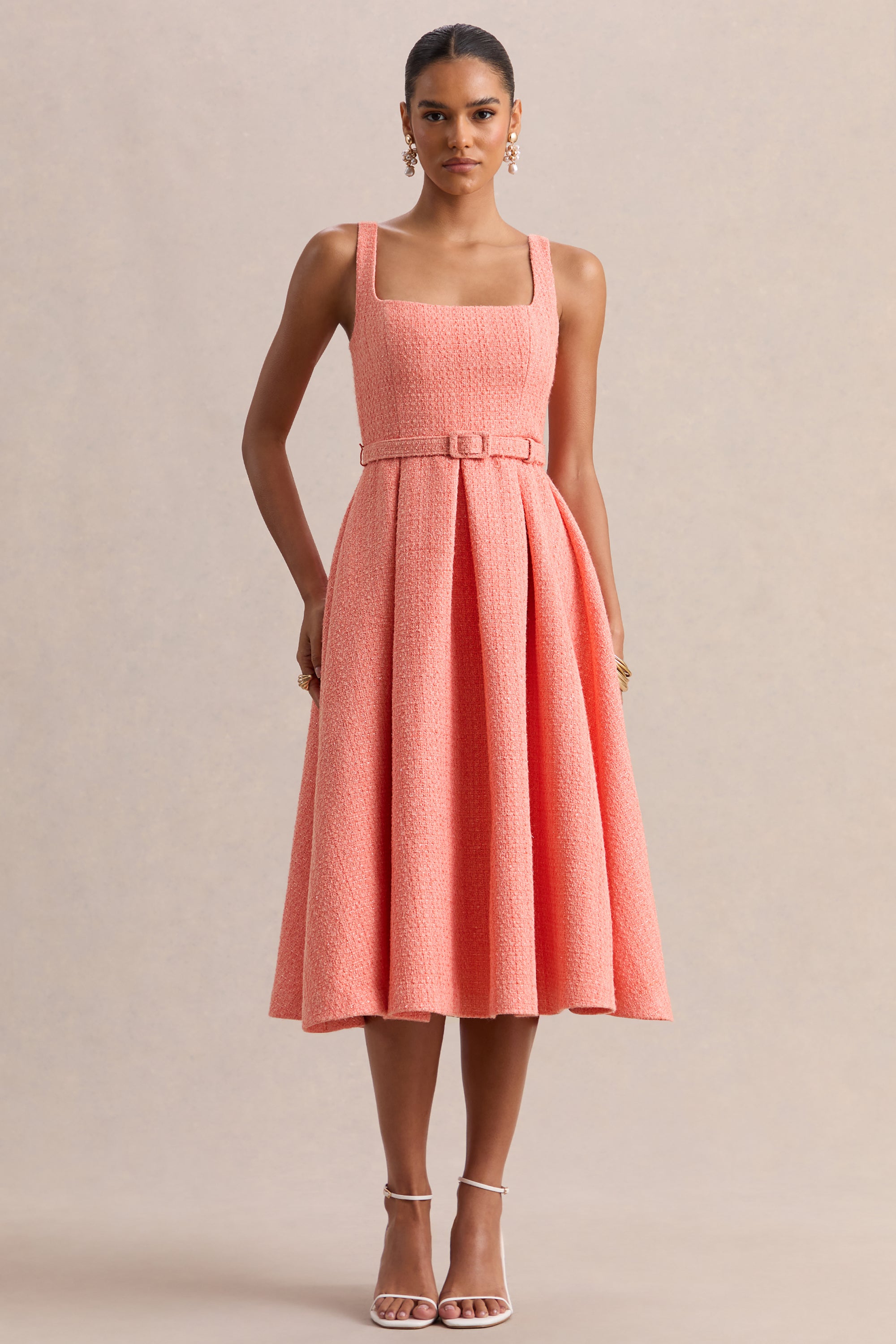 coral pink dress Bella and Bloom Boutique The high Camoria | Coral Boucle Square-Neck