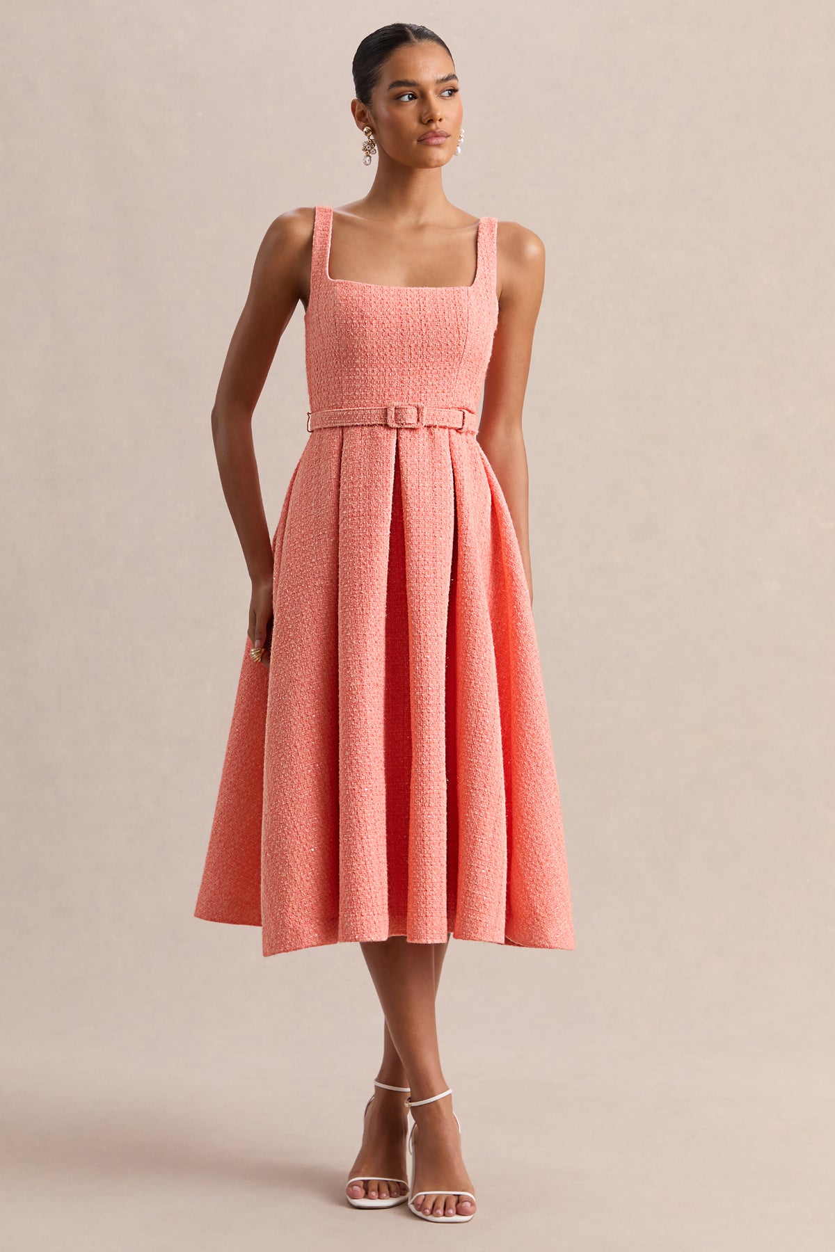 Camoria Coral Boucle Square-Neck Midi Dress Club L London - USA Camoria Coral Boucle Square-Neck Midi Dress Club L London - USA