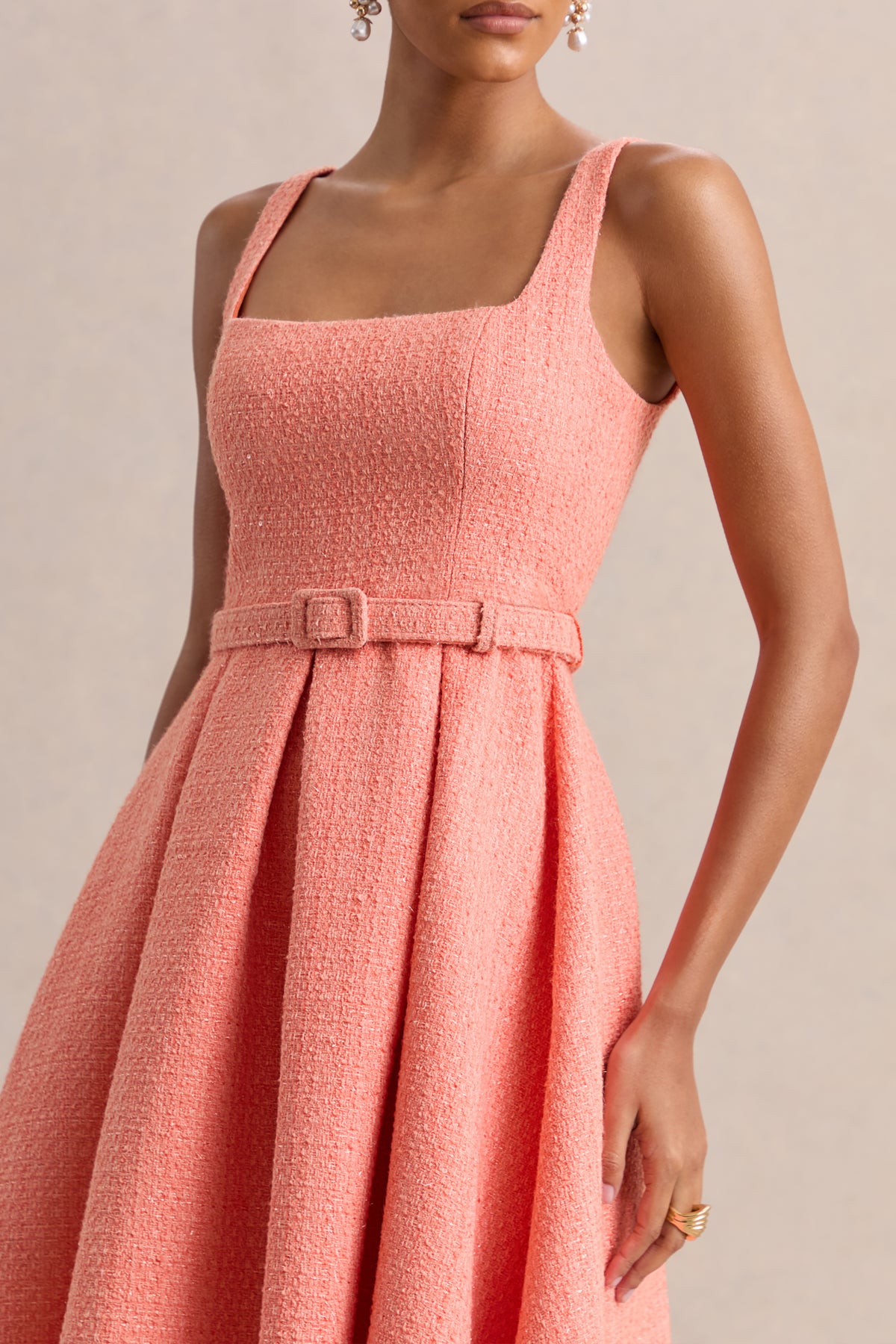 coral pink dress Camoria | Coral Boucle Square-Neck Midi Dress