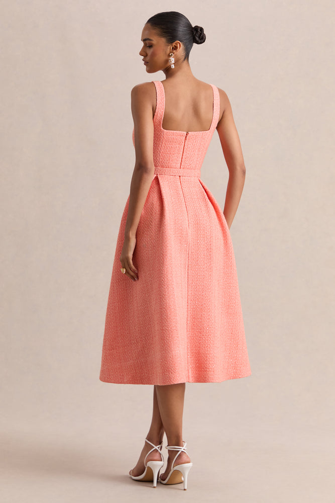Camoria | Coral Boucle Square-Neck Midi Dress - UK 6 Coral Camoria | Coral Boucle Square-Neck Midi Dress - UK 6 Coral