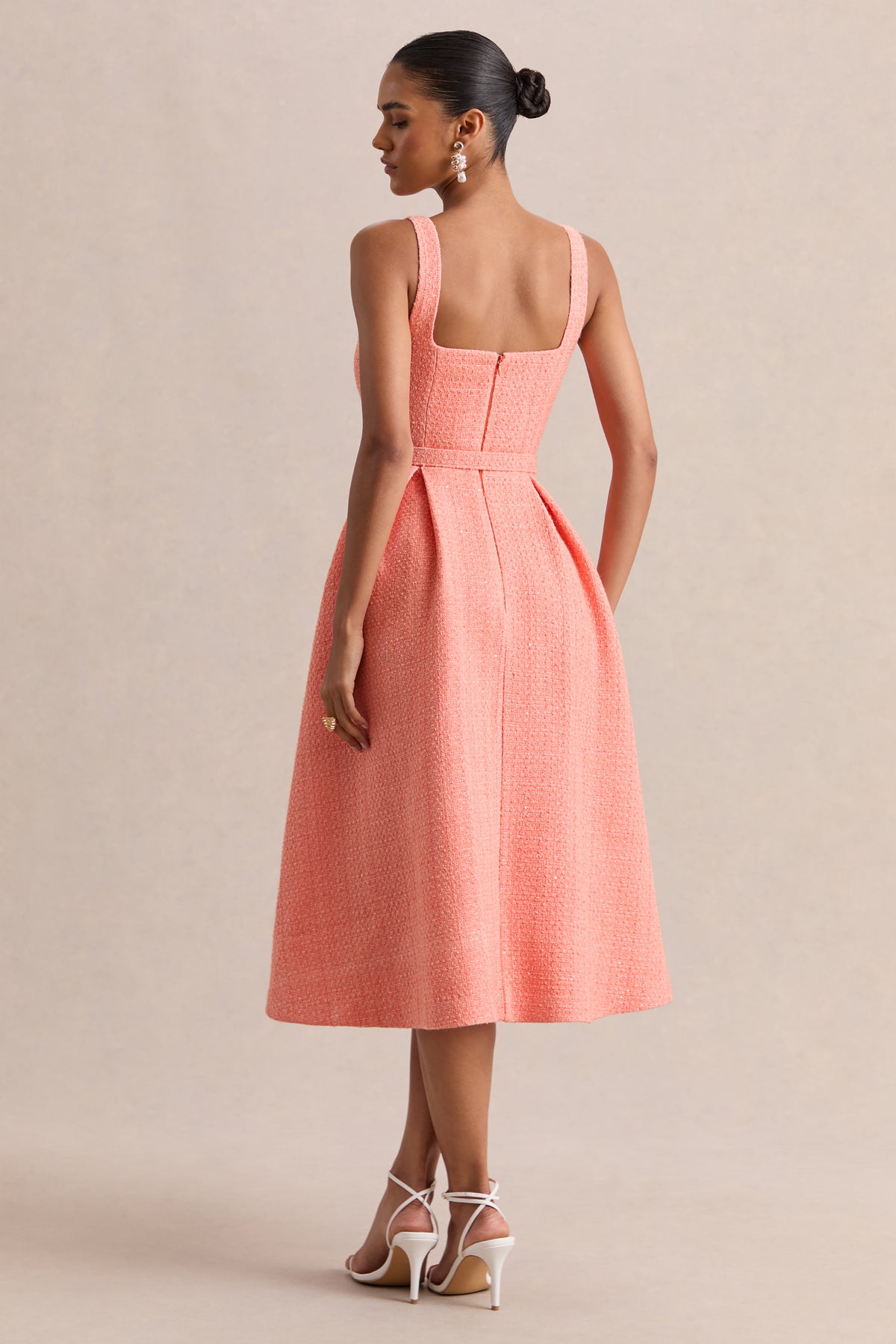 Camoria | Coral Boucle Square-Neck Midi Dress Camoria | Coral Boucle Square-Neck Midi Dress