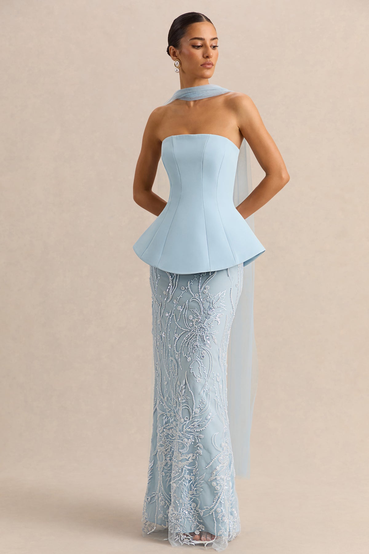 blue bandeau maxi dress Lorna Powder Blue Bandeau Maxi Dress With Scarf – Club L London