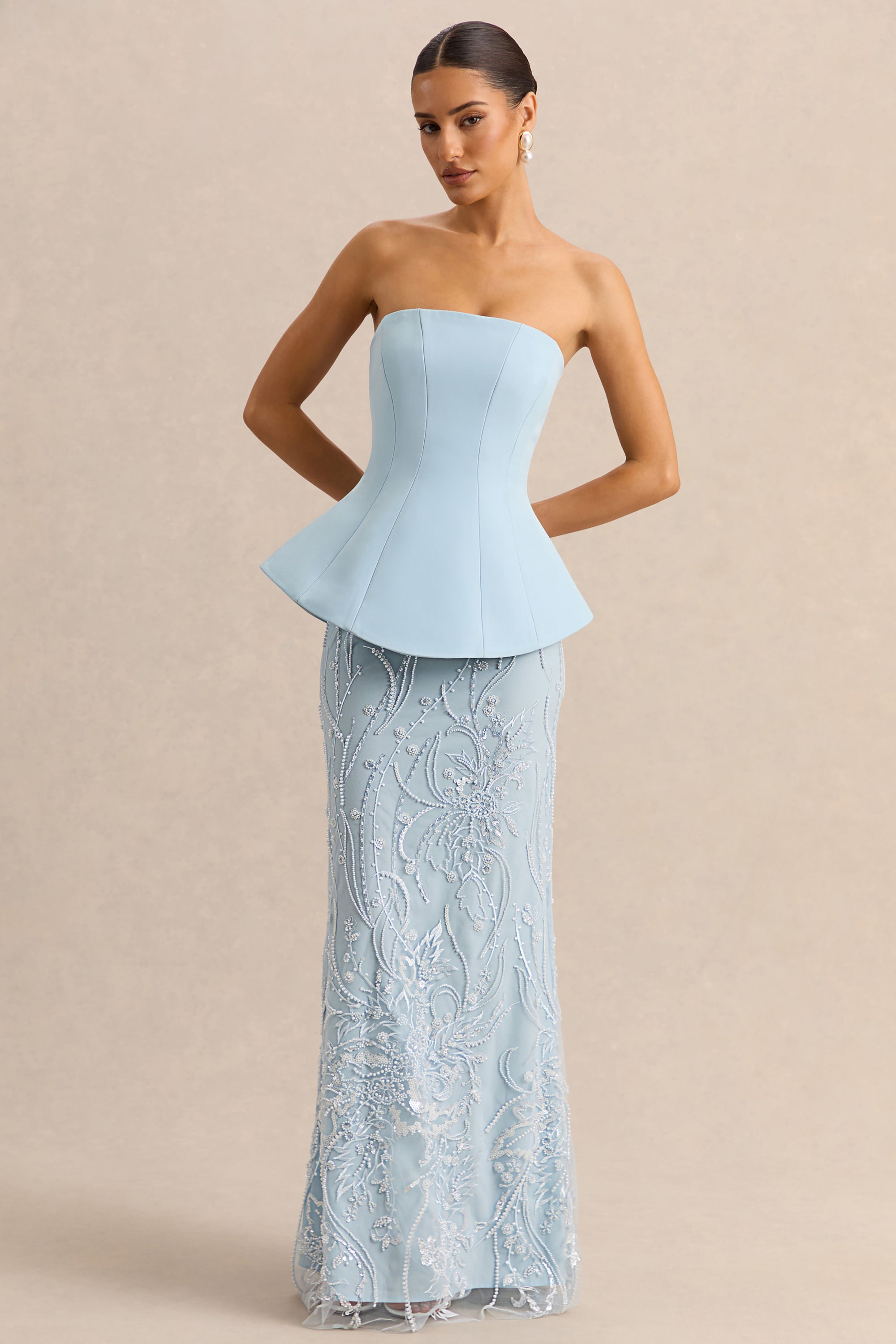 bandeau top maxi dress Bandeau Cut Out Drape Detail Colour Block Maxi Dress In Blue Slinky | EGO  US