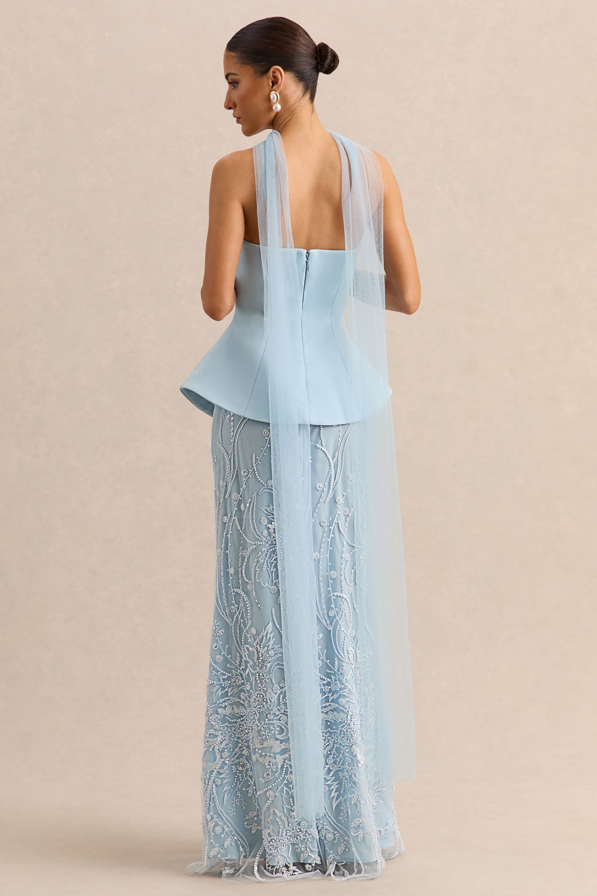 blue maxi dress with scarf Lorna Powder Blue Bandeau Maxi Dress With Scarf – Club L London