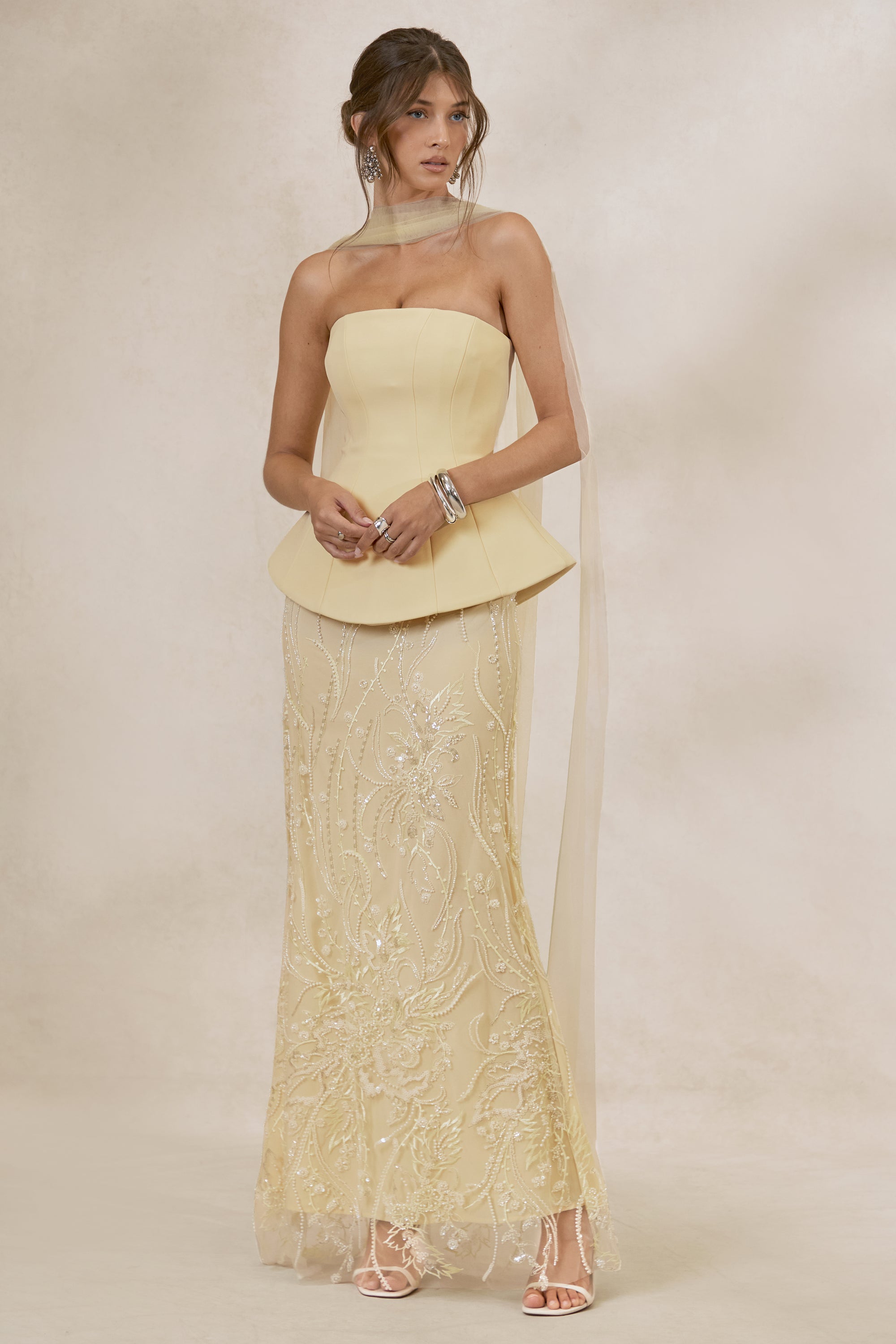 bandeau ruffle-trim maxi dress in lemon sherbet ACELYNN Bandeau Cut-Out Ruffle-Trim Maxi Dress in