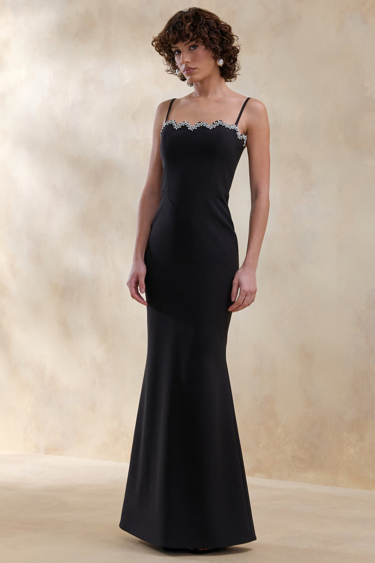 Story Black Scalloped Sweetheart-Neck Maxi Dress With Embellished-De Club L London - USA Story Black Scalloped Sweetheart-Neck Maxi Dress With Embellished-De Club L London - USA