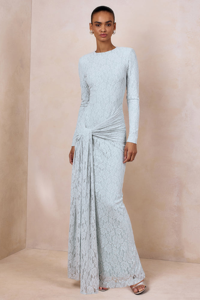 Evangela Powder Blue Lace Crew-Neck Maxi Dress With Wrap-Detail