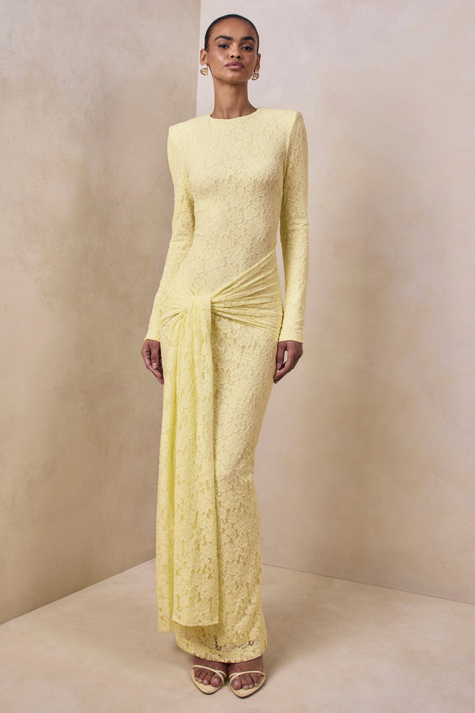 Evangela | Lemon Lace Crew-Neck Maxi Dress With Wrap-Detail - UK 8 Lemon