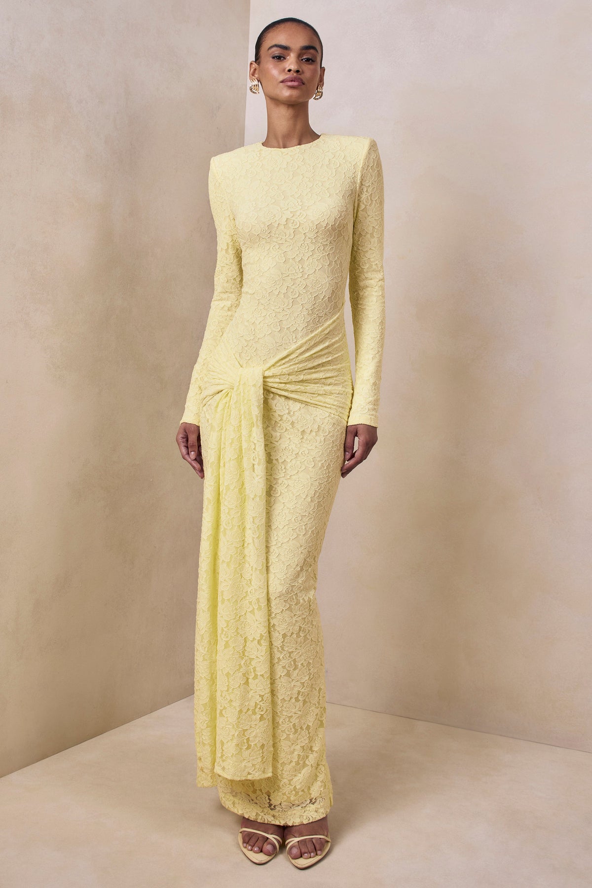 Evangela Lemon Lace Crew-Neck Maxi Dress With Wrap-Detail Club L London - USA Evangela Lemon Lace Crew-Neck Maxi Dress With Wrap-Detail Club L London - USA