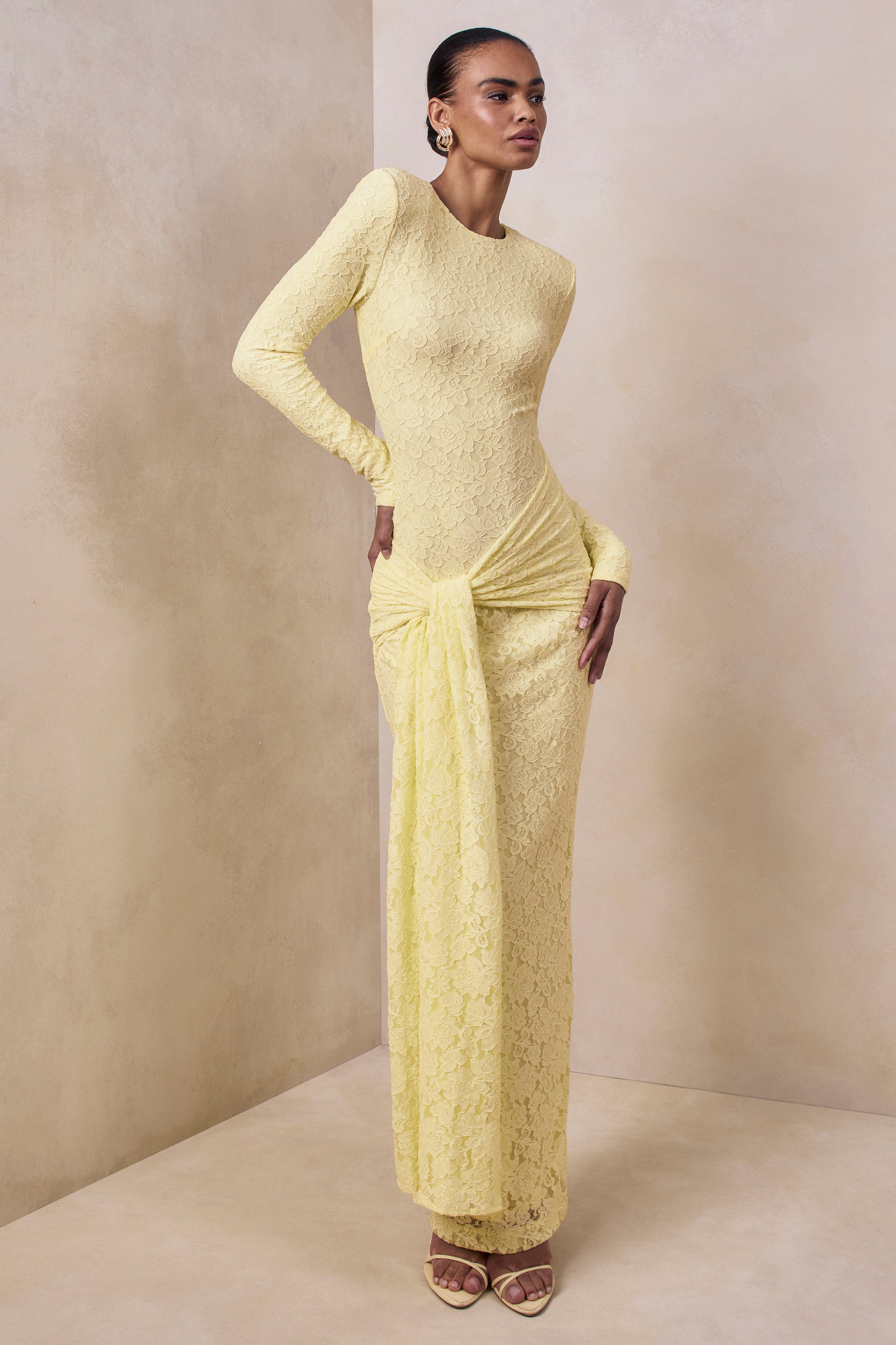 Evangela | Lemon Lace Crew-Neck Maxi Dress With Wrap-Detail – Club