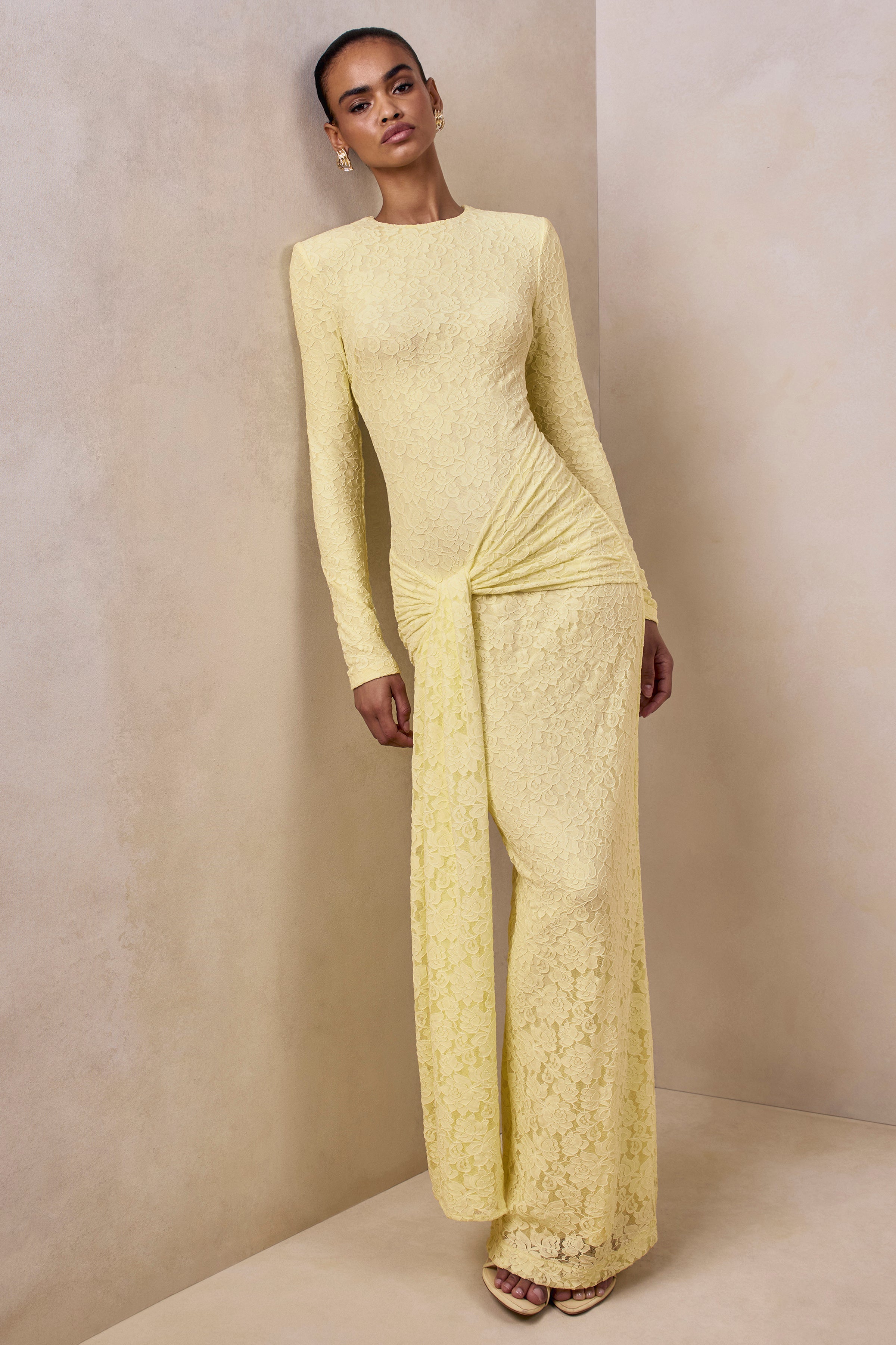 Evangela | Lemon Lace Crew-Neck Maxi Dress With Wrap-Detail – Club