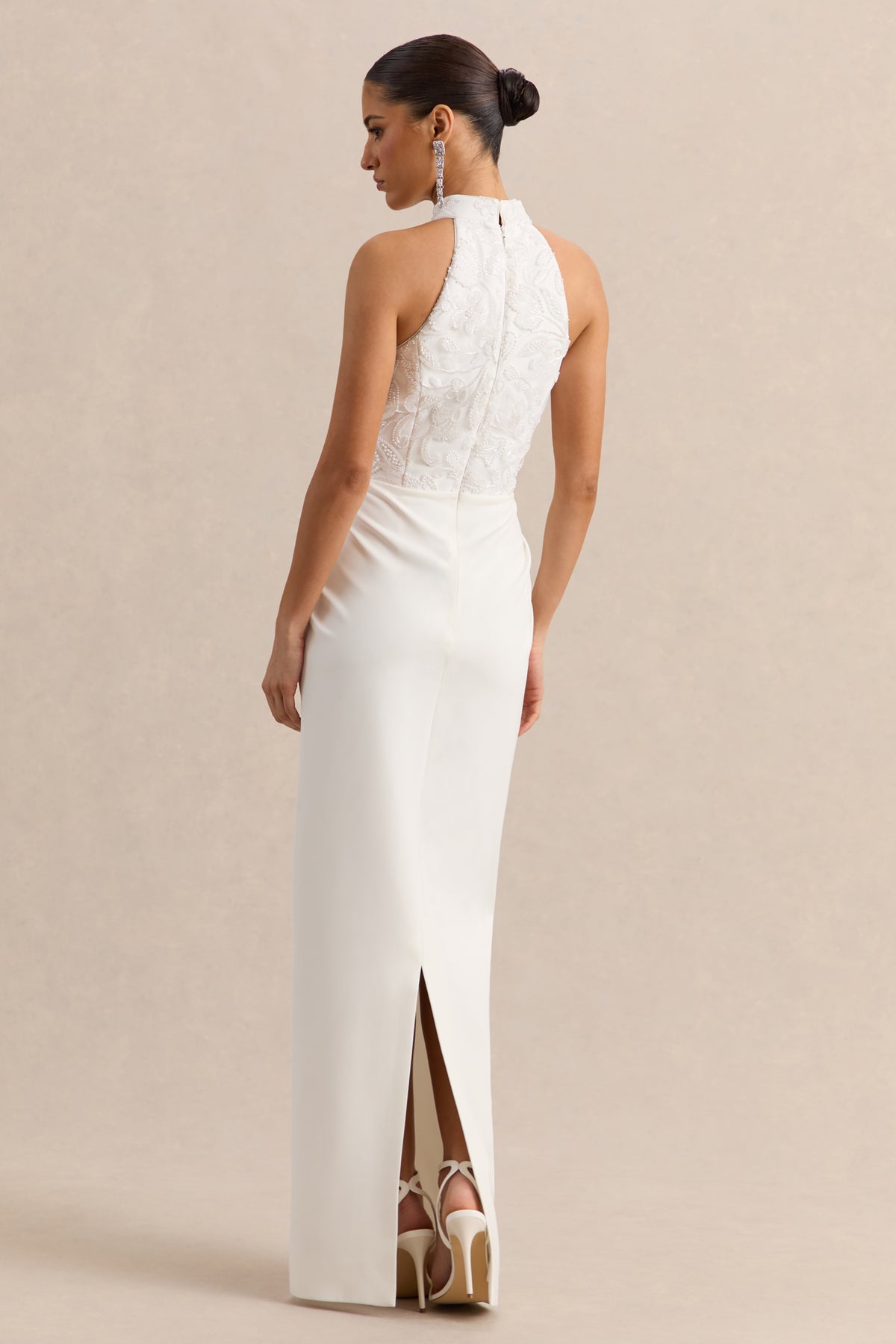 Charlotte | White Halter-Neck Maxi Dress With Gathered-Detailing - UK 6 White Charlotte | White Halter-Neck Maxi Dress With Gathered-Detailing - UK 6 White