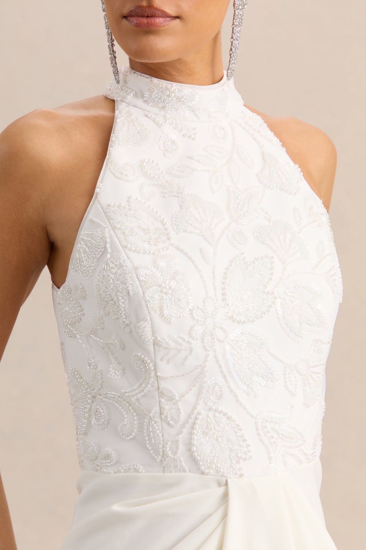 Charlotte | White Halter-Neck Maxi Dress With Gathered-Detailing - UK 6 White Charlotte | White Halter-Neck Maxi Dress With Gathered-Detailing - UK 6 White