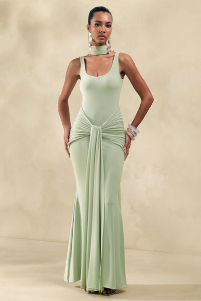マイラン　Volume Sleeve Maxi Dress | Mint Solyra | Mint Square-Neck Maxi Dress With Sash And Cape Detail