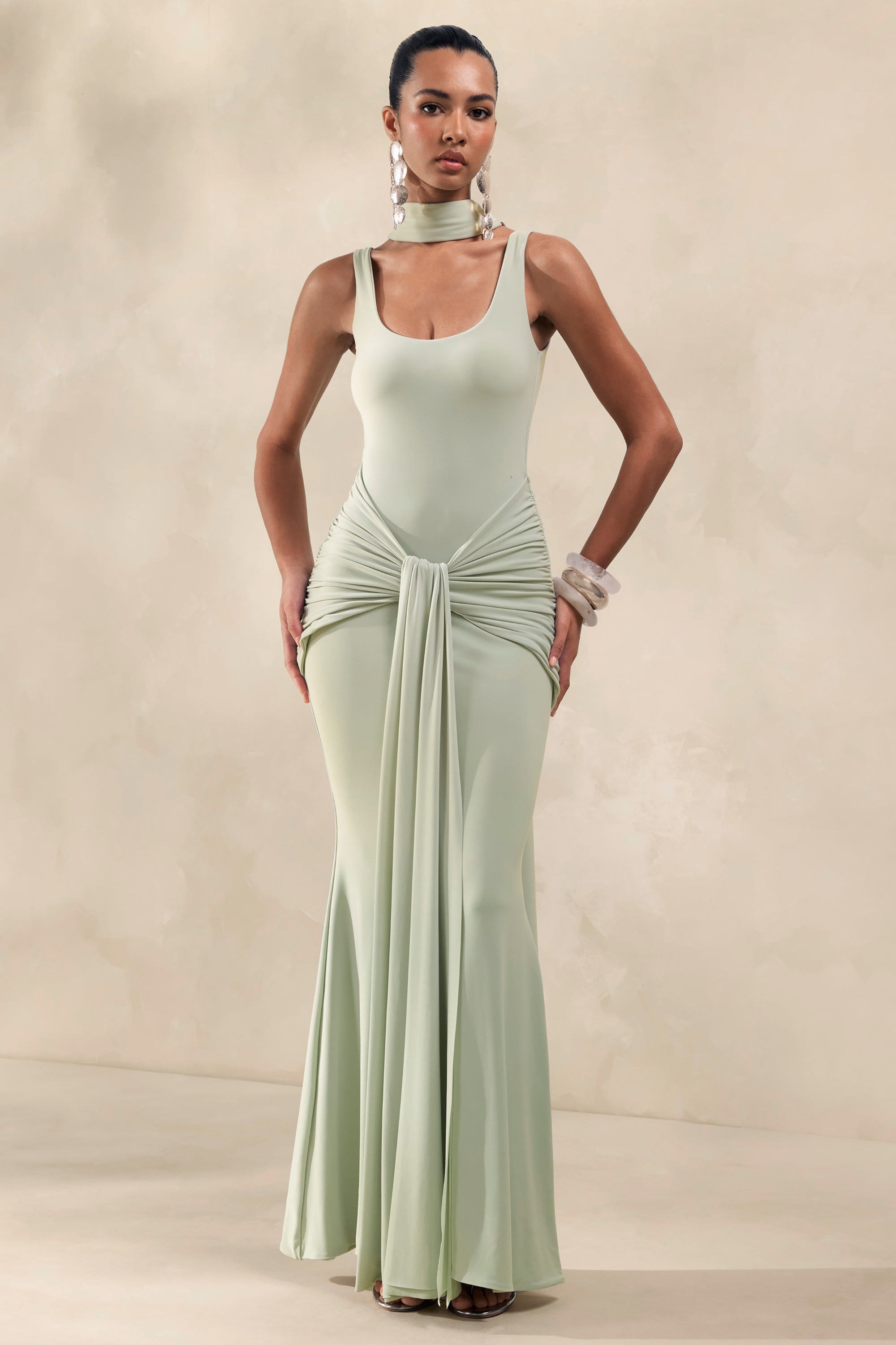 Solyra | MINT Square-Neck Maxi Dress With Sash And Cape Detail