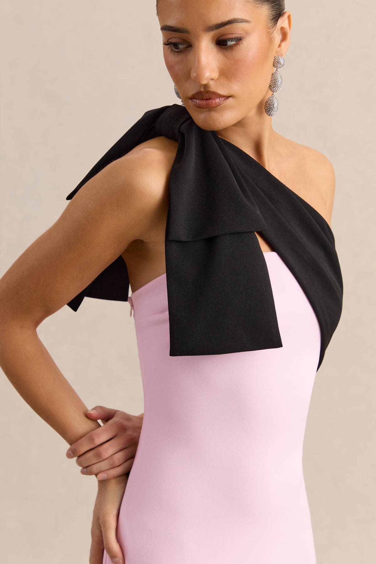 Adara | PINK & Black Asymmetric-Neck Maxi Dress With Bow-Detail - UK 12 PINK Adara | PINK & Black Asymmetric-Neck Maxi Dress With Bow-Detail - UK 12 PINK