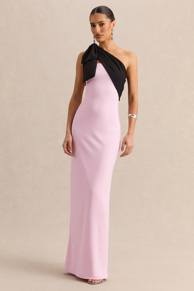 Adara | PINK & Black Asymmetric-Neck Maxi Dress With Bow-Detail Adara | PINK & Black Asymmetric-Neck Maxi Dress With Bow-Detail