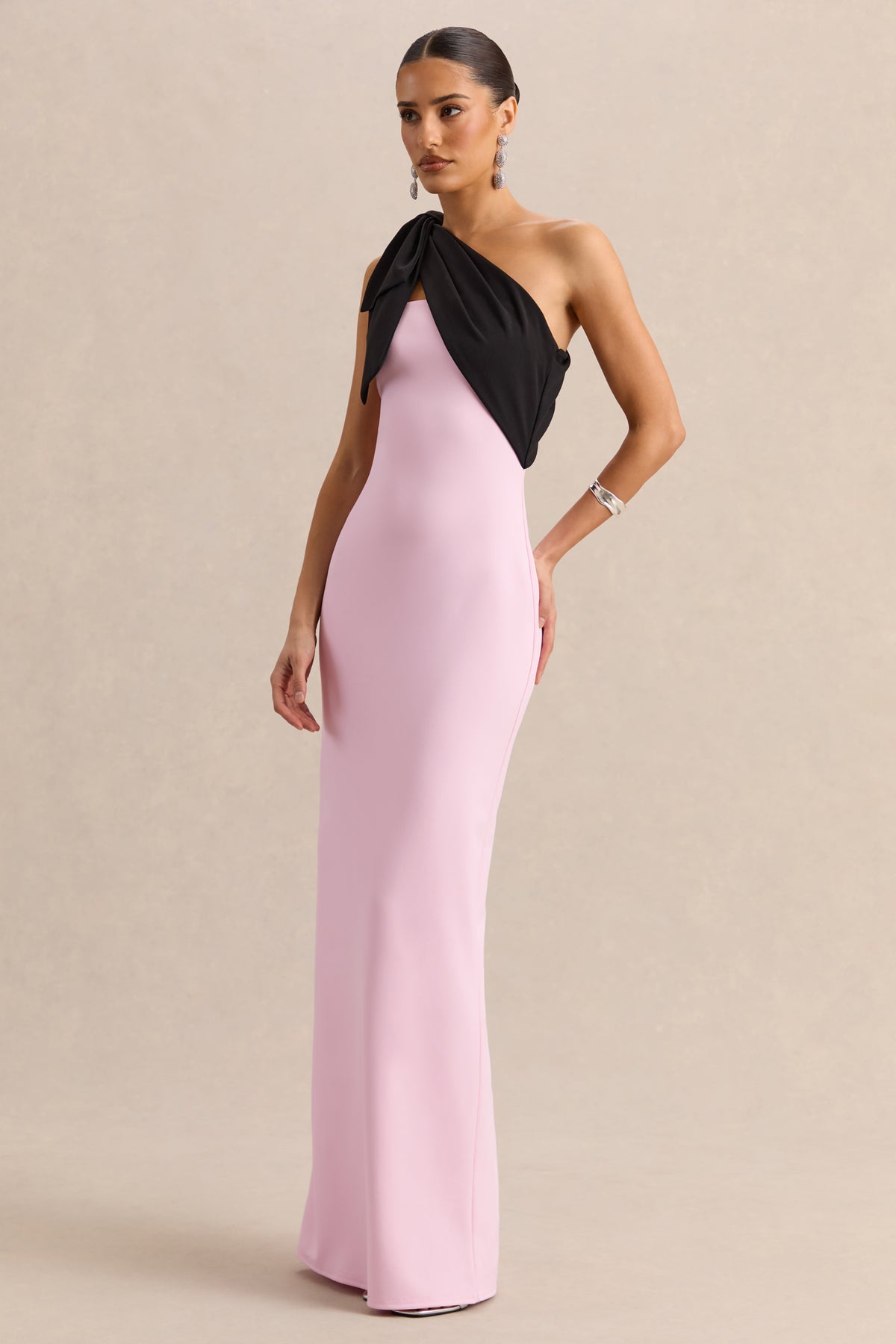 Adara | PINK & Black Asymmetric-Neck Maxi Dress With Bow-Detail - UK 12 PINK Adara | PINK & Black Asymmetric-Neck Maxi Dress With Bow-Detail - UK 12 PINK