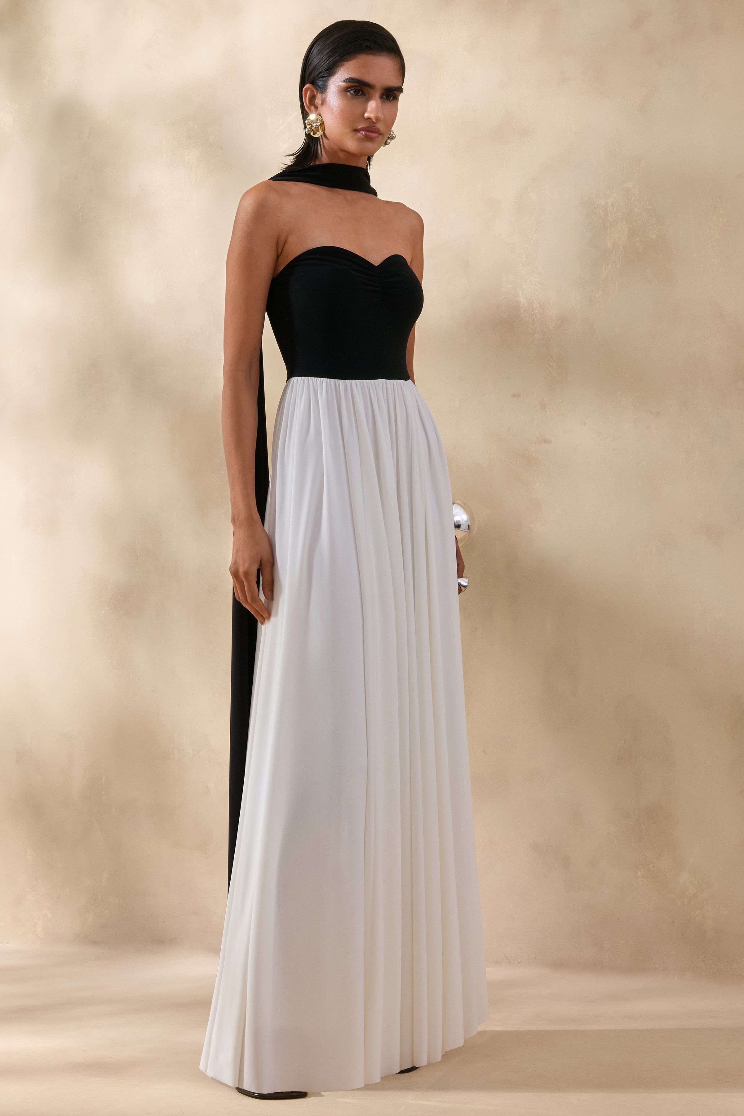 Beamora | Black & White Bandeau Maxi Dress With Cape – Club L