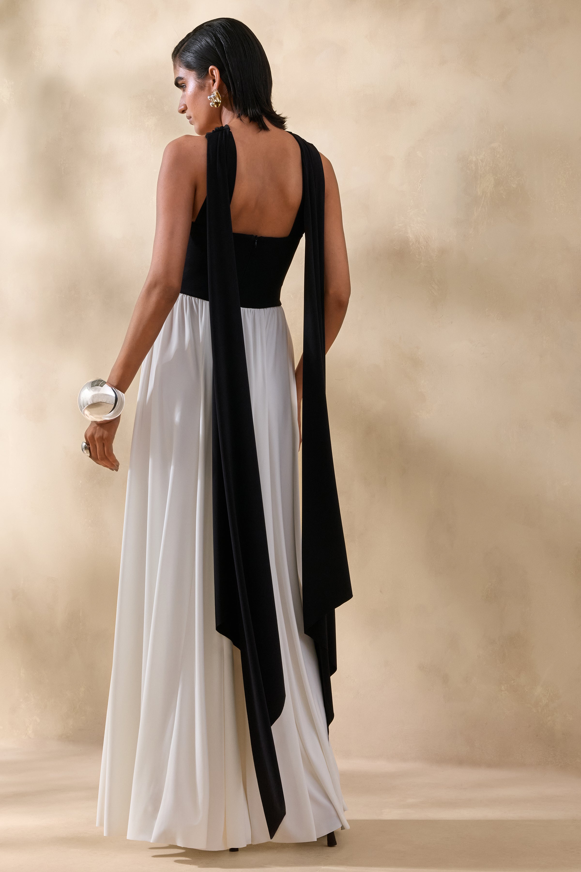 Beamora | Black & White Bandeau Maxi Dress With Cape – Club L