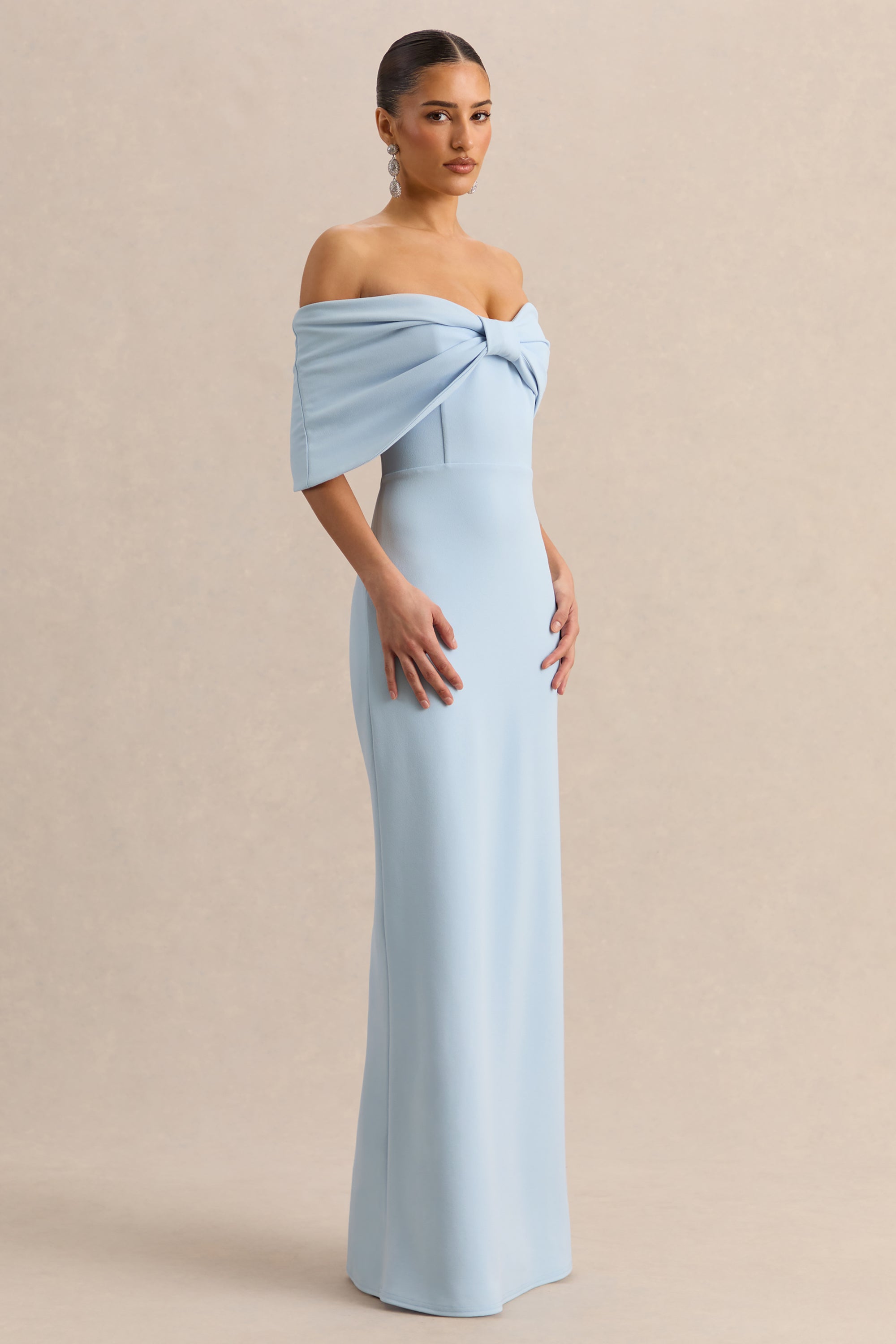 bow maxi dress formal Goddiva Off Shoulder Back Satin Bow Scuba Maxi Dress