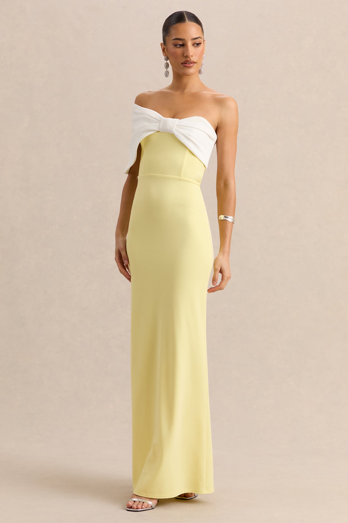 Agatha Lemon & White Bow Bardot-Neck Maxi Dress Club L London - USA Agatha Lemon & White Bow Bardot-Neck Maxi Dress Club L London - USA