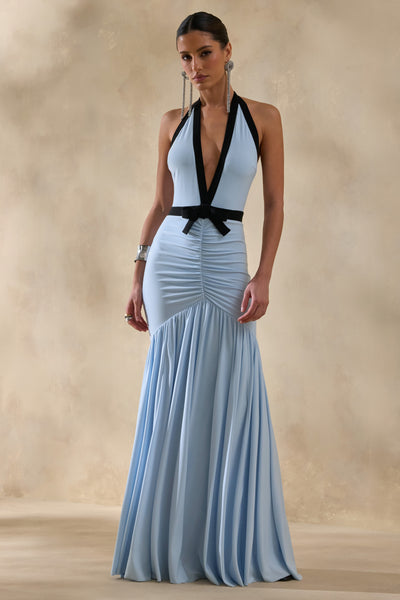 Cosmina | Powder Blue Plunge-Neck Maxi Dress With Bow-Detail