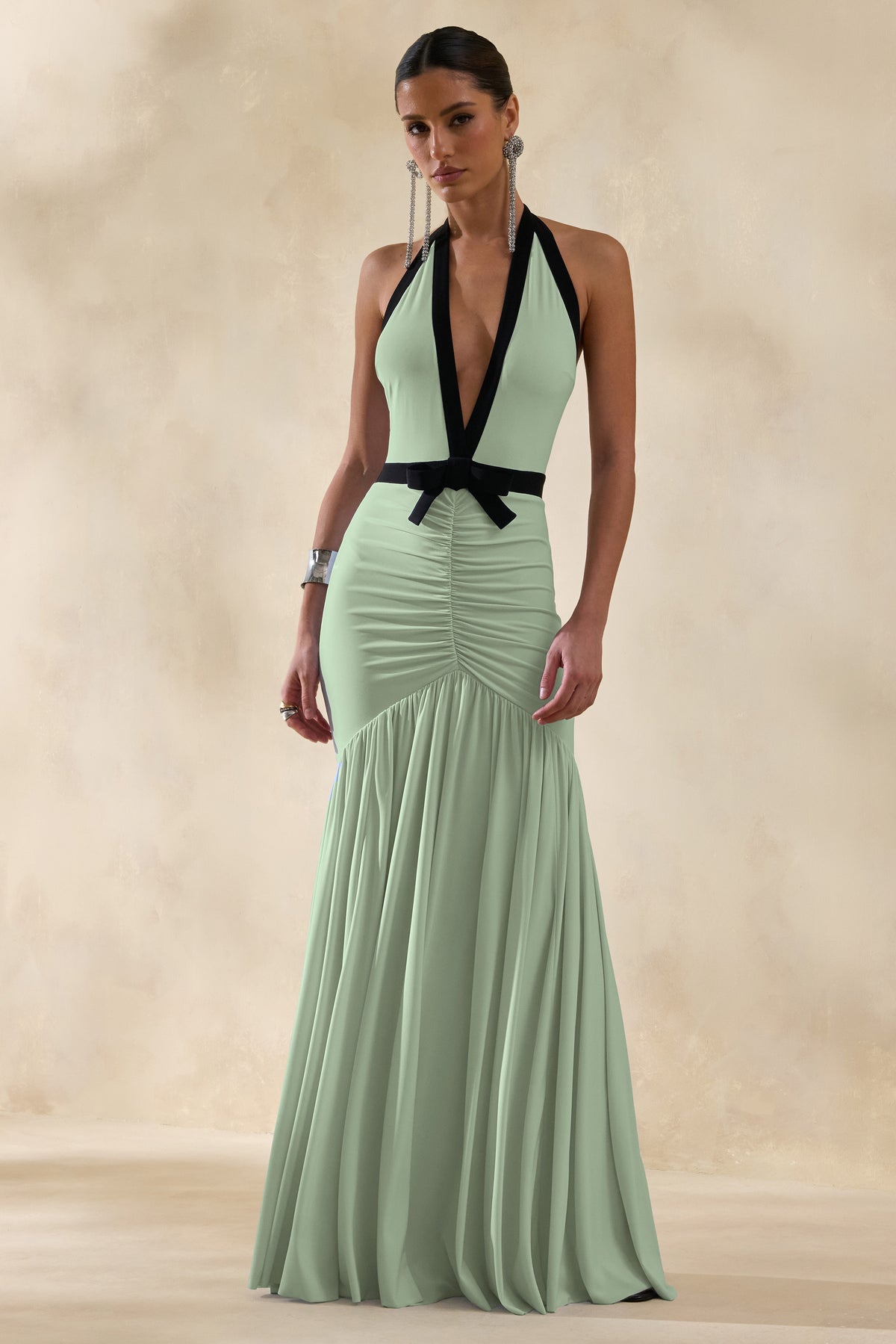 Cosmina | MINT Plunge-Neck Maxi Dress With Bow-Detail - UK 12 MINT Cosmina | MINT Plunge-Neck Maxi Dress With Bow-Detail - UK 12 MINT