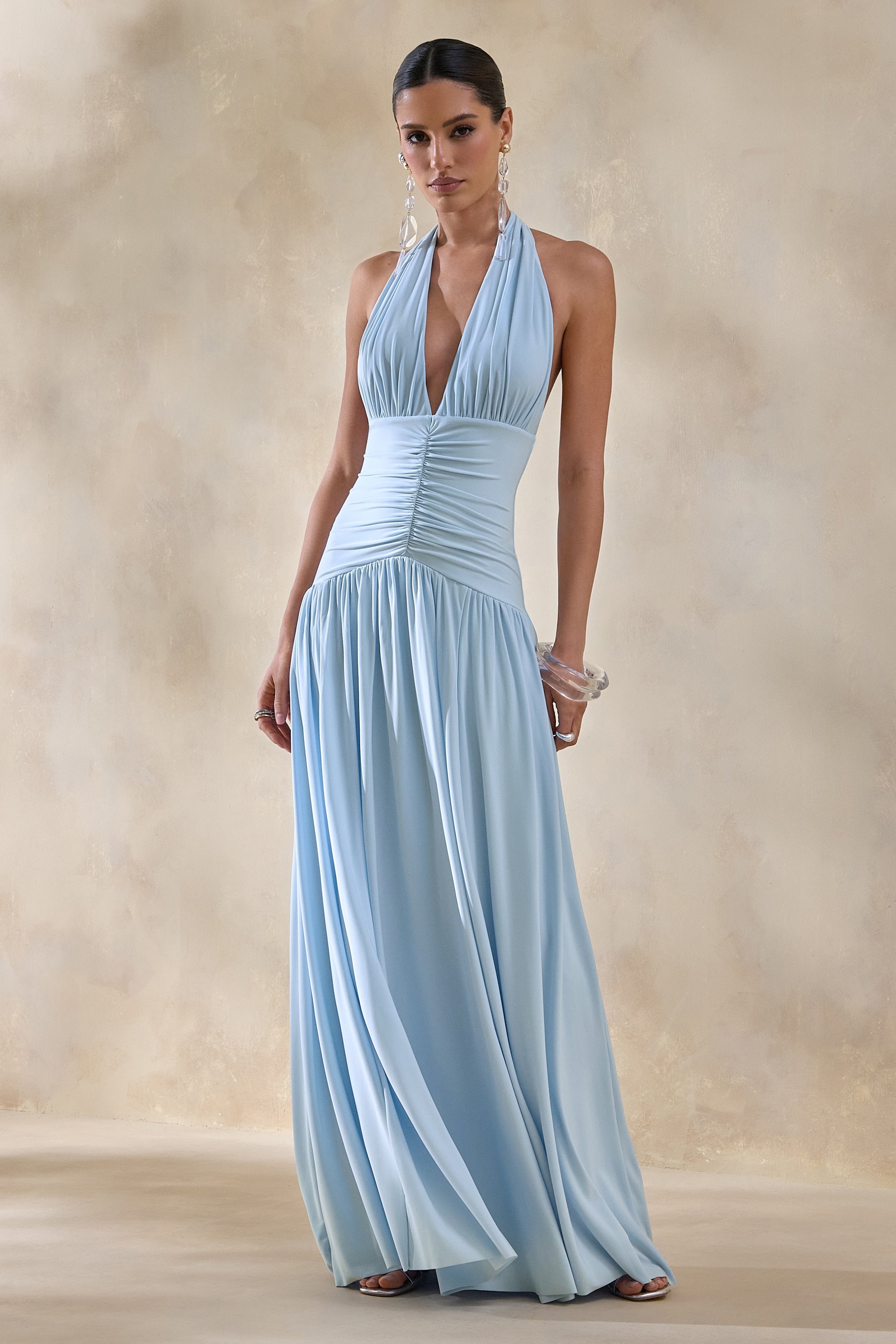 plunging neckline formal dress Ladivine CC0688 Elegantly Fitted Fully Embellished Formal Gown Dusty Rose / 8