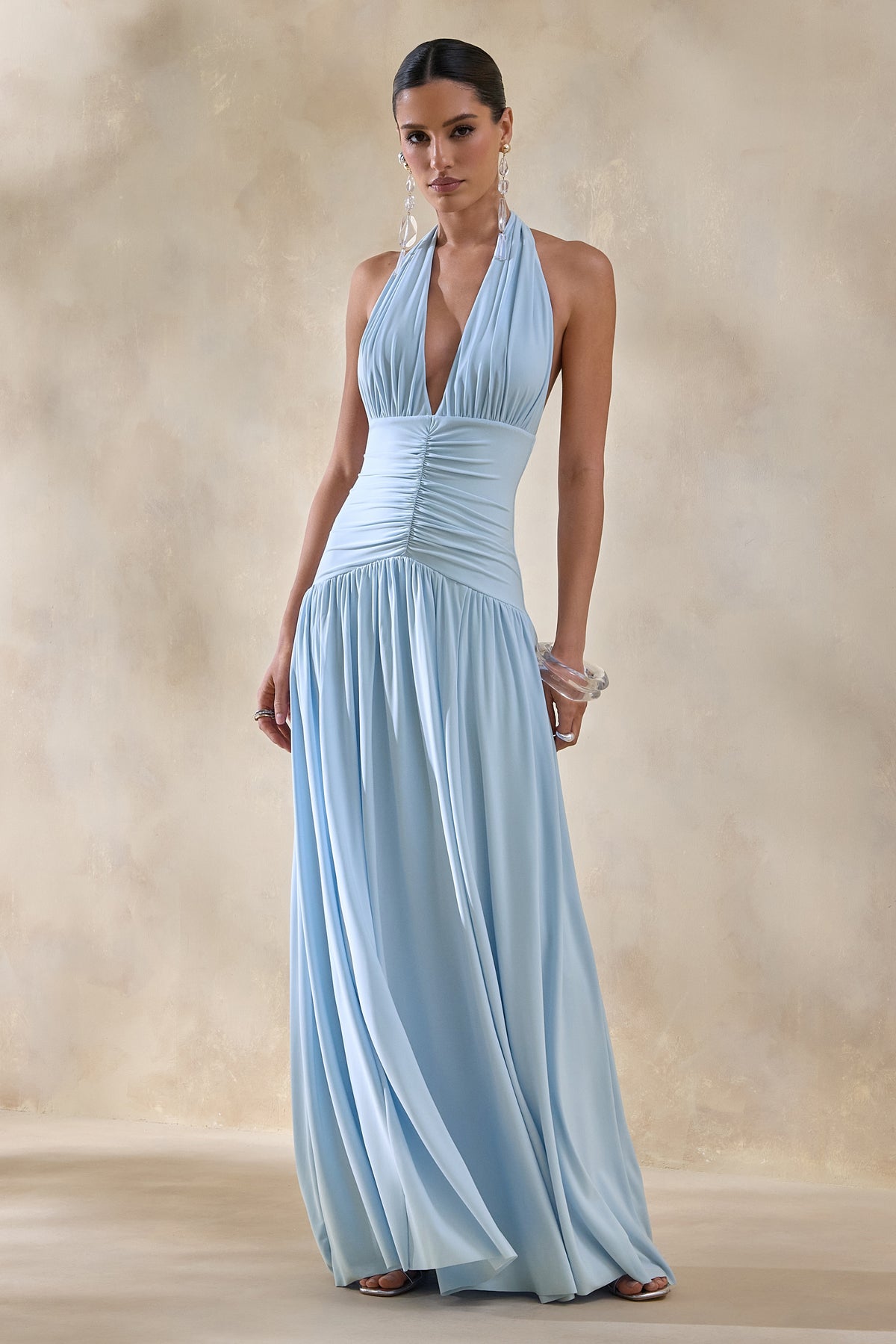 Bettina Powder-Blue Plunge-Neck Maxi Dress With Gathered-Detailing Club L London - USA Bettina Powder-Blue Plunge-Neck Maxi Dress With Gathered-Detailing Club L London - USA