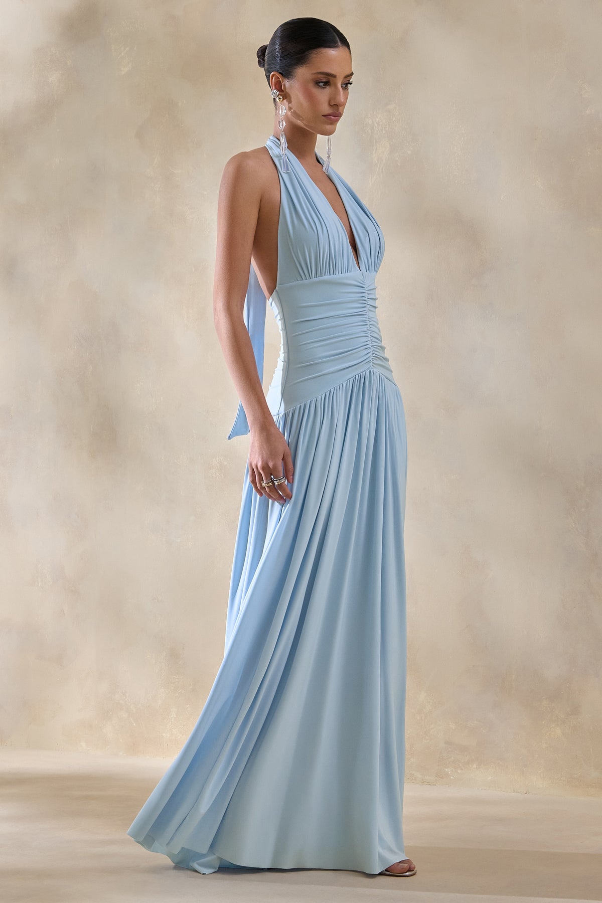 Bettina Powder-Blue Plunge-Neck Maxi Dress With Gathered-Detailing Club L London - USA Bettina Powder-Blue Plunge-Neck Maxi Dress With Gathered-Detailing Club L London - USA