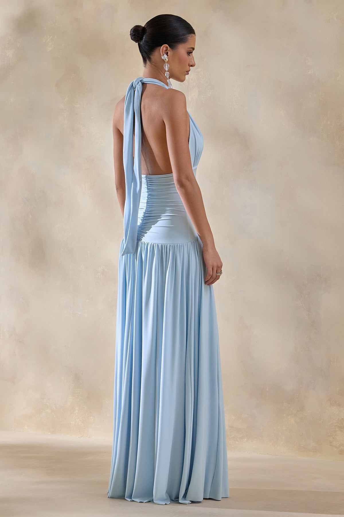 Bettina Powder-Blue Plunge-Neck Maxi Dress With Gathered-Detailing Club L London - USA Bettina Powder-Blue Plunge-Neck Maxi Dress With Gathered-Detailing Club L London - USA