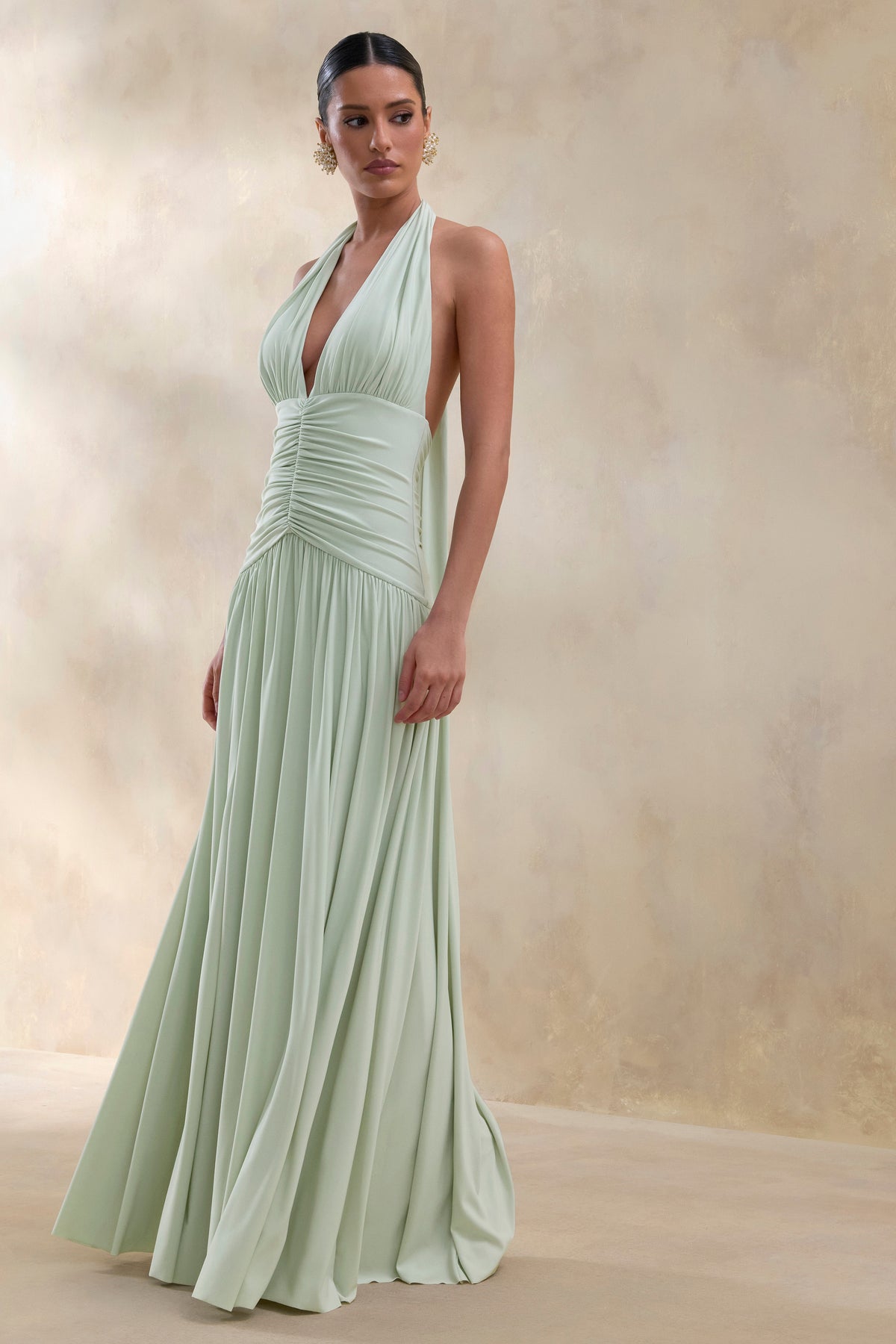 Bettina Sage Plunge-Neck Maxi Dress With Gathered-Detailing – Club L London Bettina Sage Plunge-Neck Maxi Dress With Gathered-Detailing – Club L London