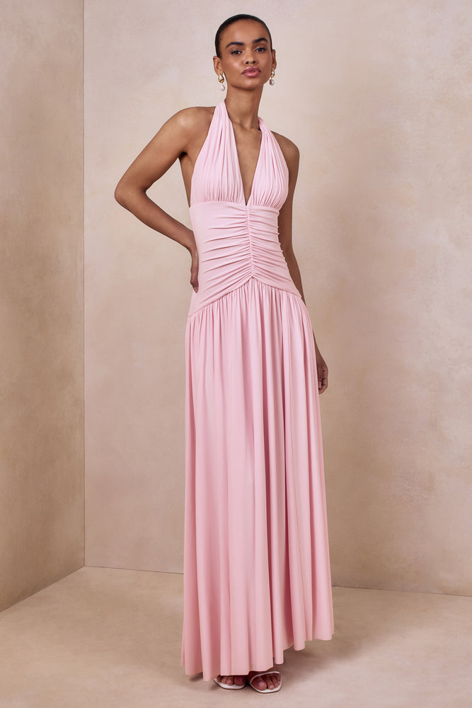 Bettina Pink Plunge-Neck Maxi Dress With Gathered-Detailing Club L London - USA Bettina Pink Plunge-Neck Maxi Dress With Gathered-Detailing Club L London - USA