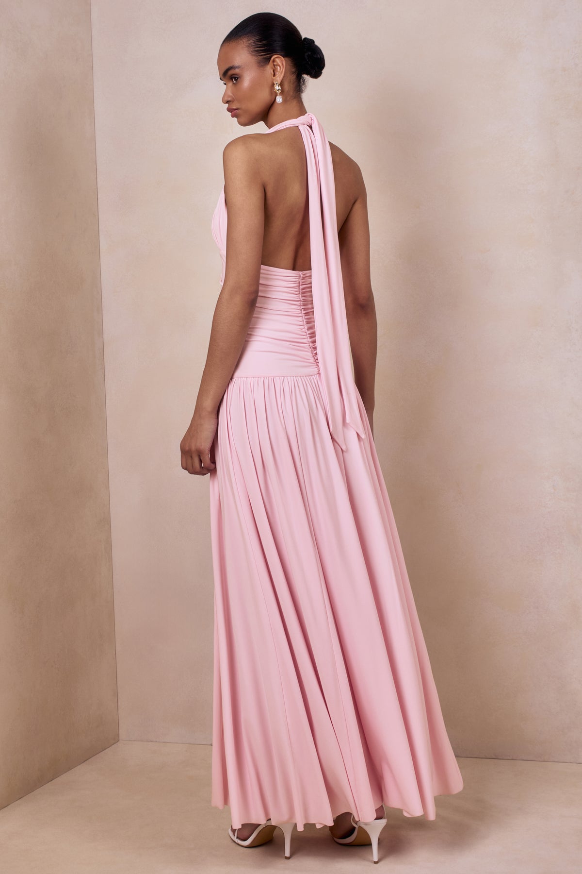 Bettina Pink Plunge-Neck Maxi Dress With Gathered-Detailing Club L London - USA Bettina Pink Plunge-Neck Maxi Dress With Gathered-Detailing Club L London - USA