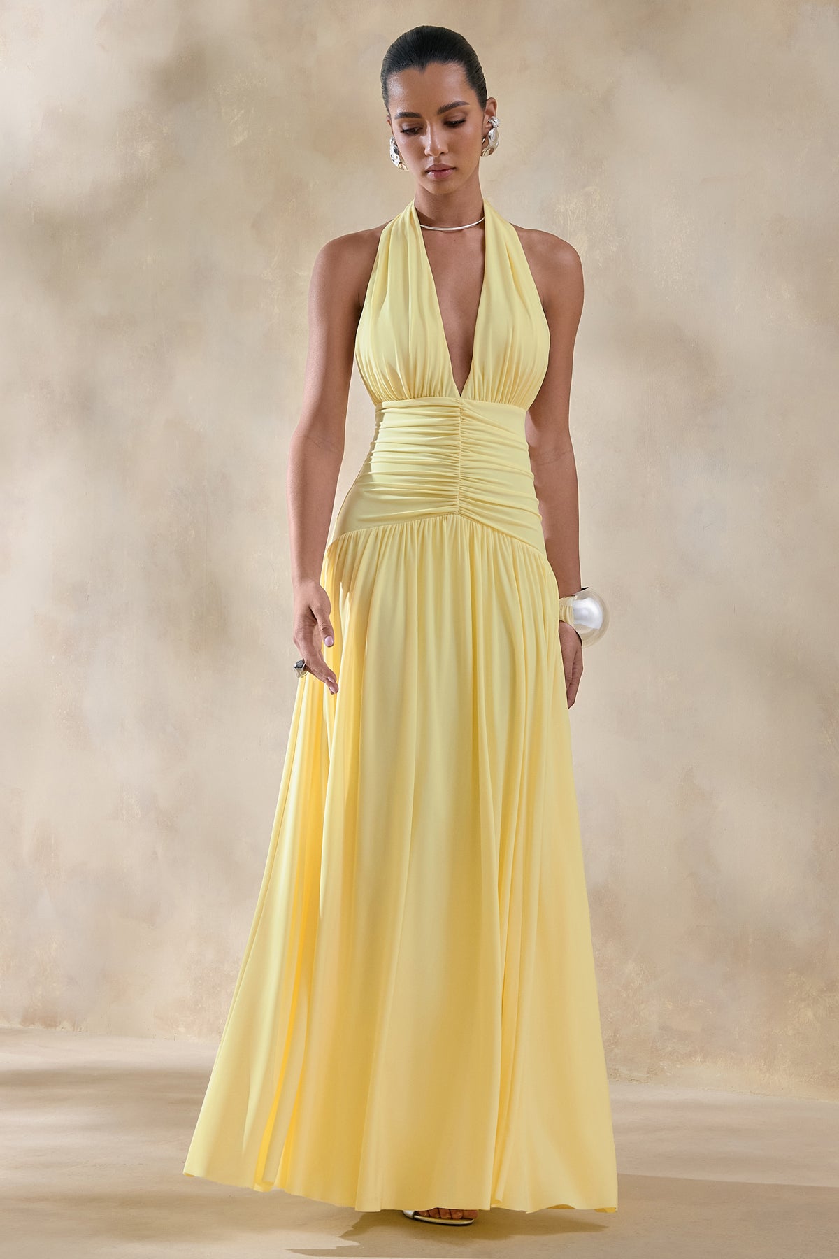 Bettina Lemon Plunge-Neck Maxi Dress With Gathered-Detailing Club L London - USA Bettina Lemon Plunge-Neck Maxi Dress With Gathered-Detailing Club L London - USA
