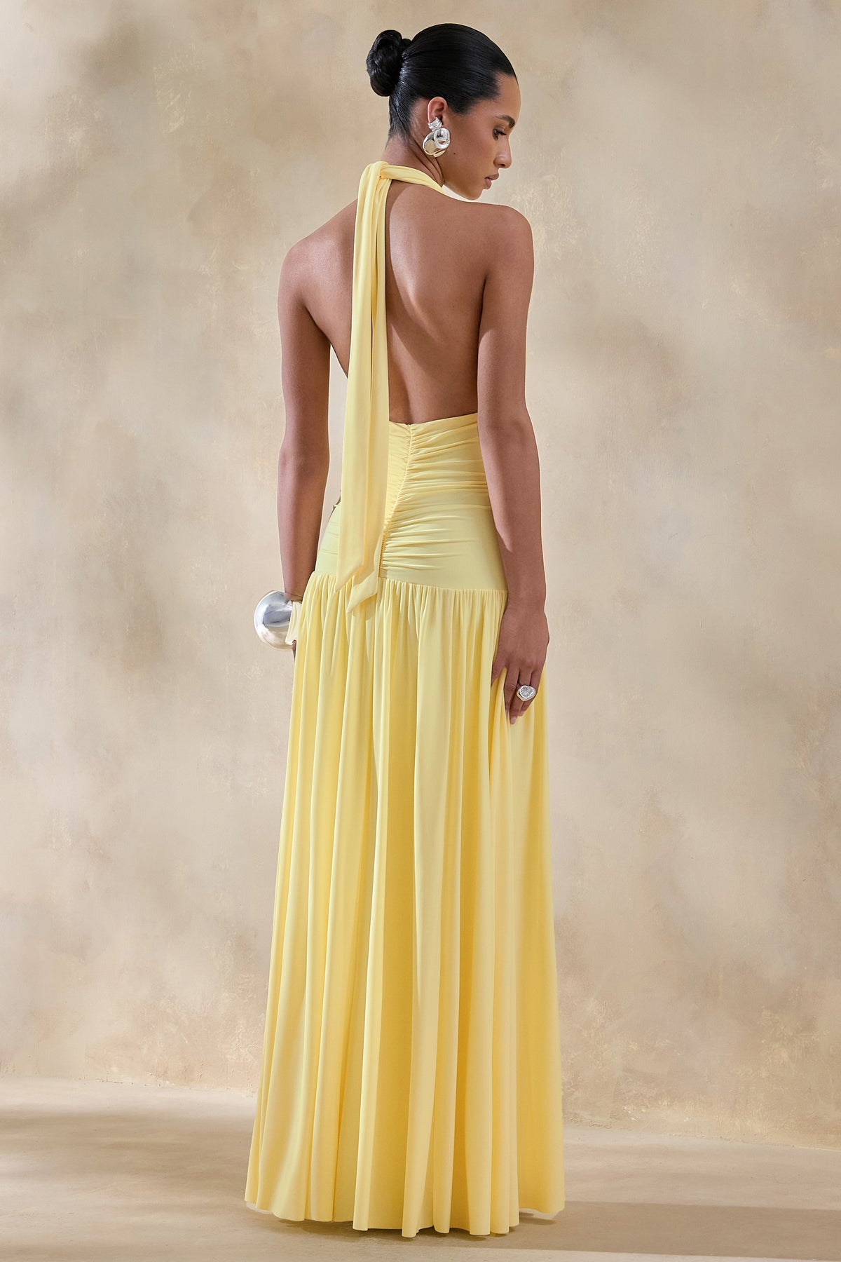 Bettina Lemon Plunge-Neck Maxi Dress With Gathered-Detailing Club L London - USA Bettina Lemon Plunge-Neck Maxi Dress With Gathered-Detailing Club L London - USA