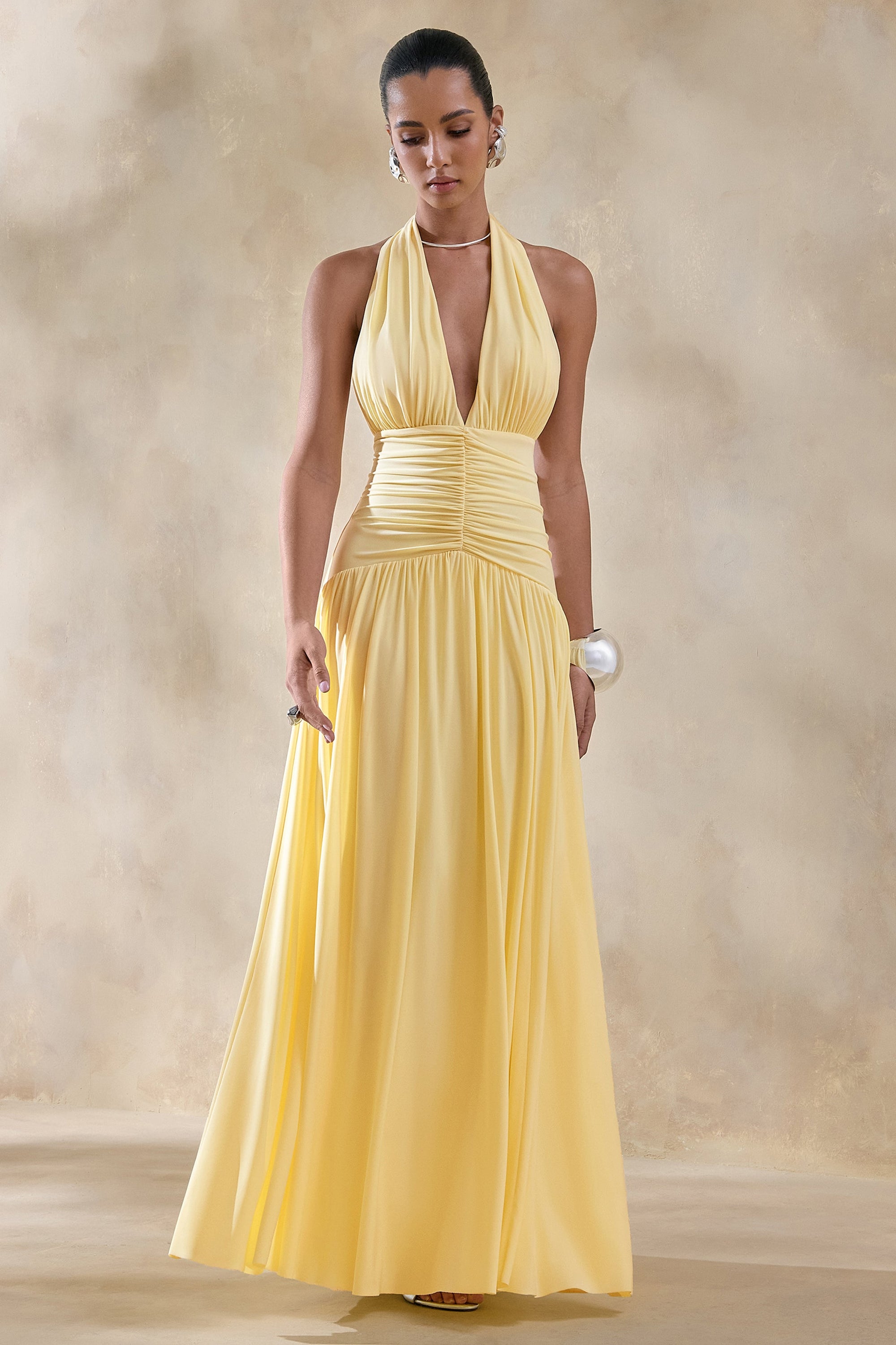 gold plunge maxi dress Goddiva Cowl Plunge Draped Foil Maxi Dress