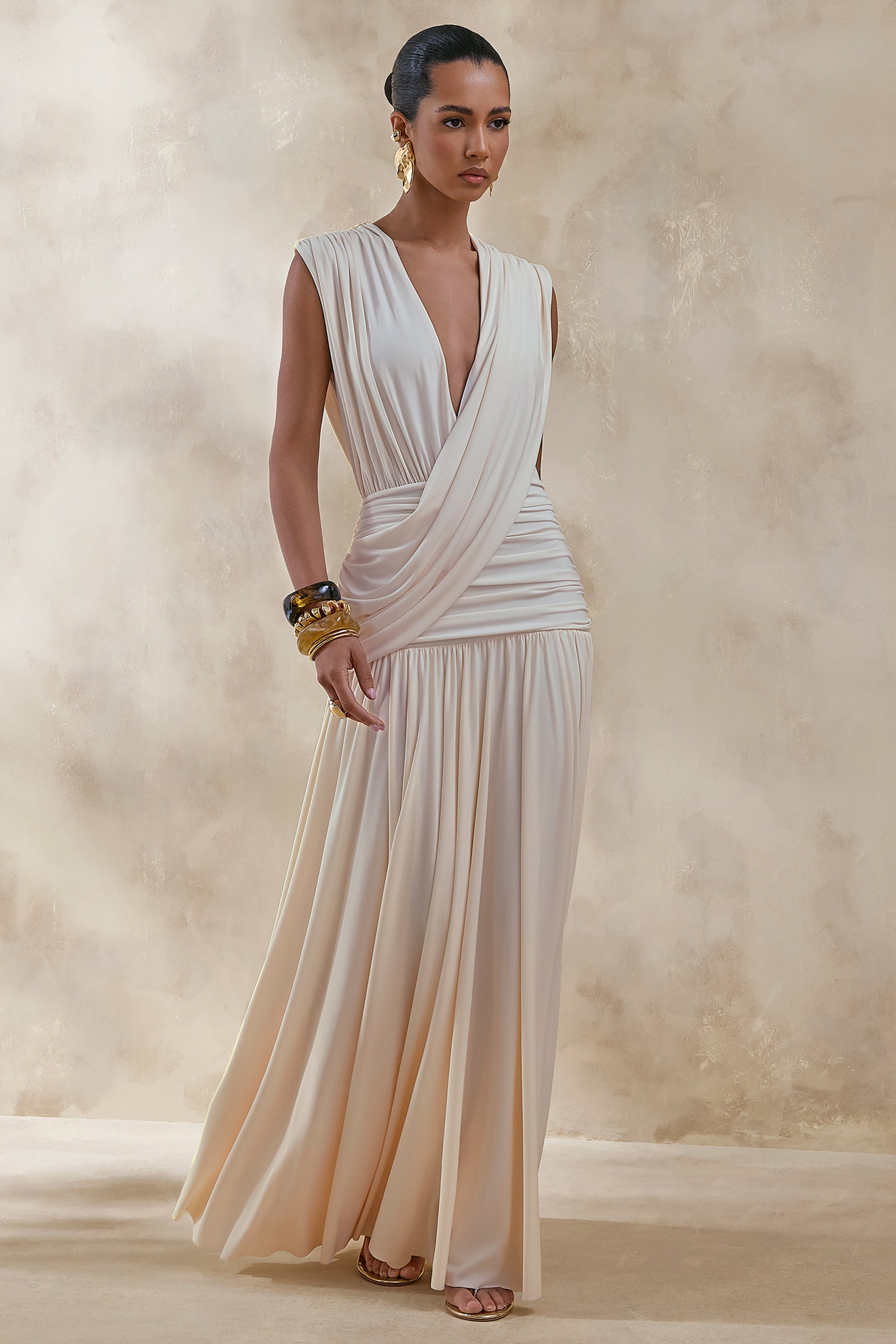 cream drape dress Hudson Bay Drape Cover Up Maxi Dress
