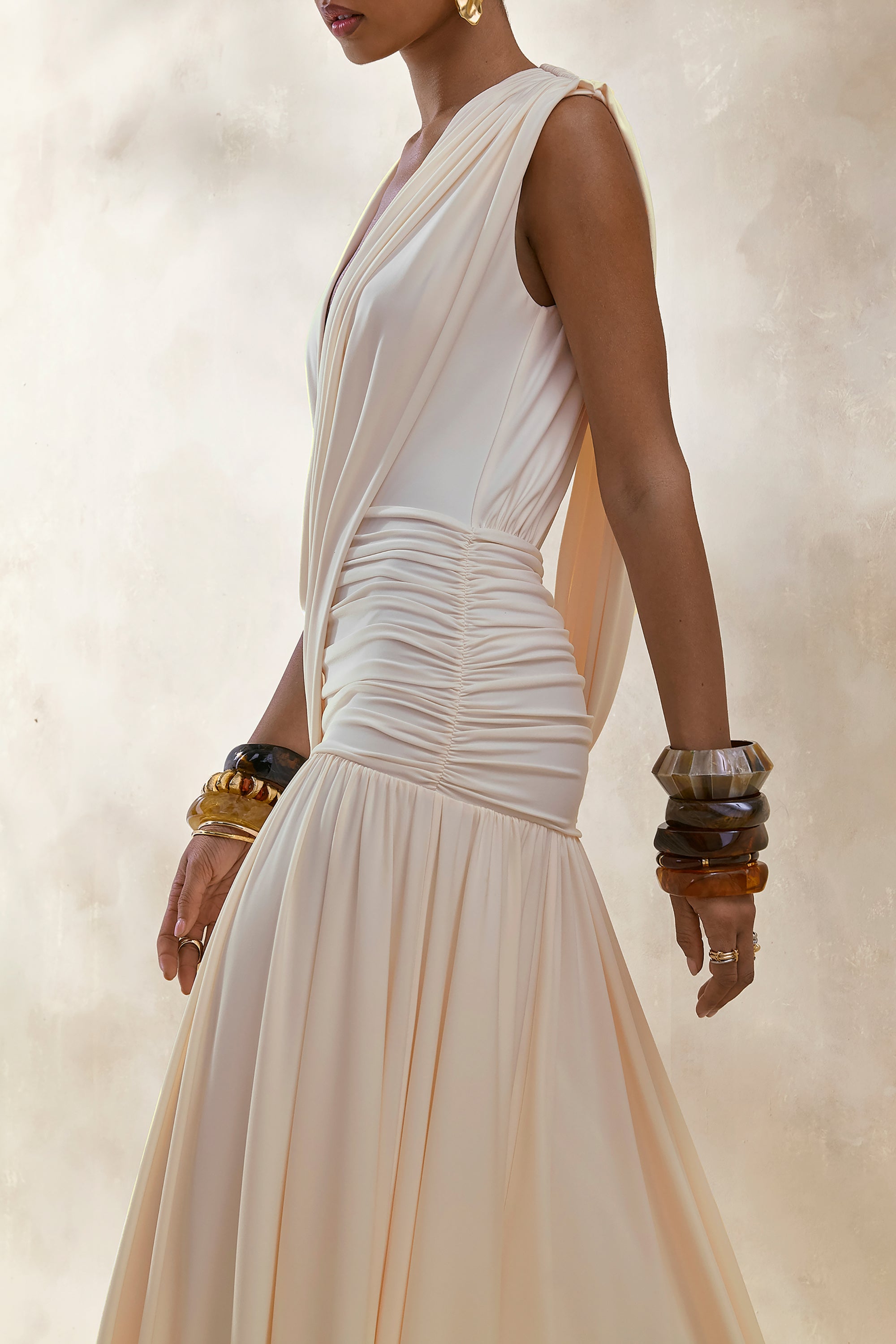 cream and gold maxi dress Women's Cream Slinky Gold Trim Sleeveless Maxi Dress