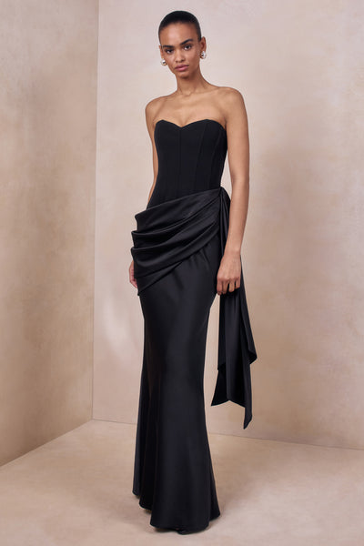 Nalira | Black Satin Bandeau Maxi Dress With Draped Skirt – Club L