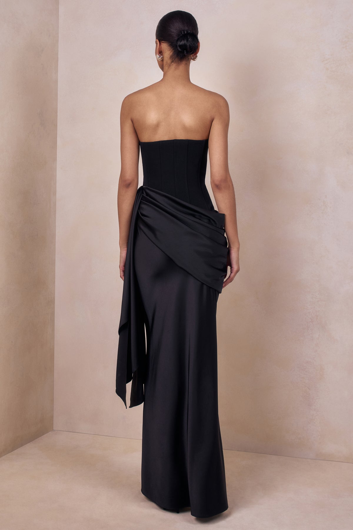 black strapless silk dress Nalira Black Satin Bandeau Maxi Dress With Draped Skirt – Club L London