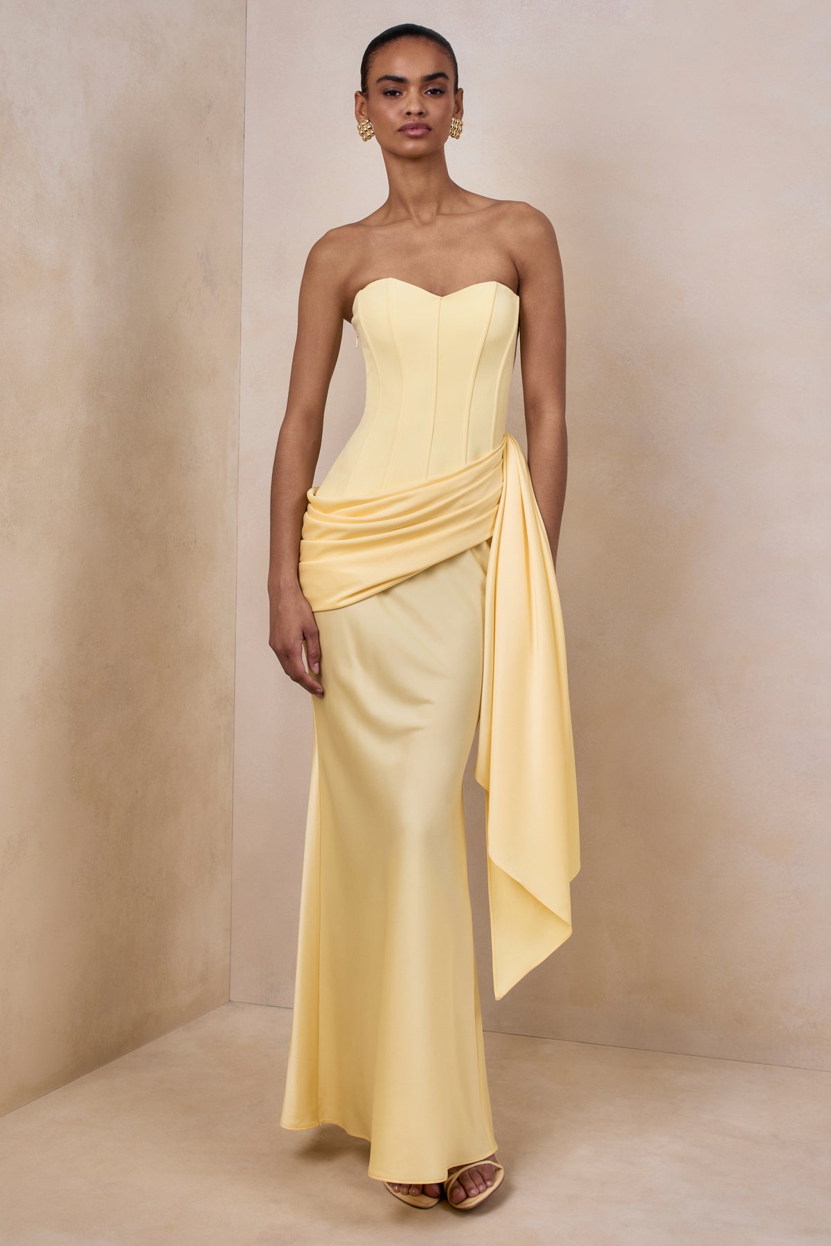 Nalira Lemon Satin Bandeau Maxi Dress With Draped Skirt Club L London - USA Nalira Lemon Satin Bandeau Maxi Dress With Draped Skirt Club L London - USA