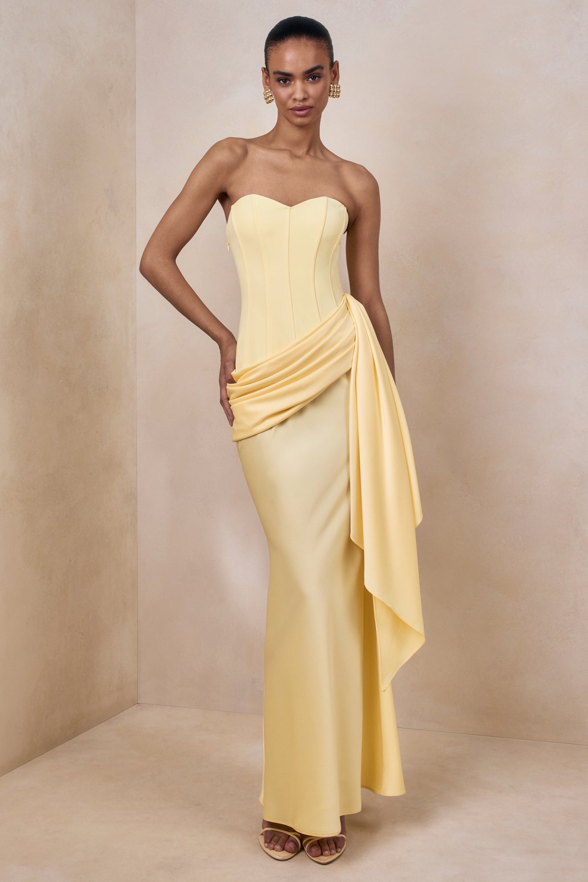 CL137284121 - Oakley | Lemon Satin Bandeau Maxi Dress With Draped Skirt_04.jpg