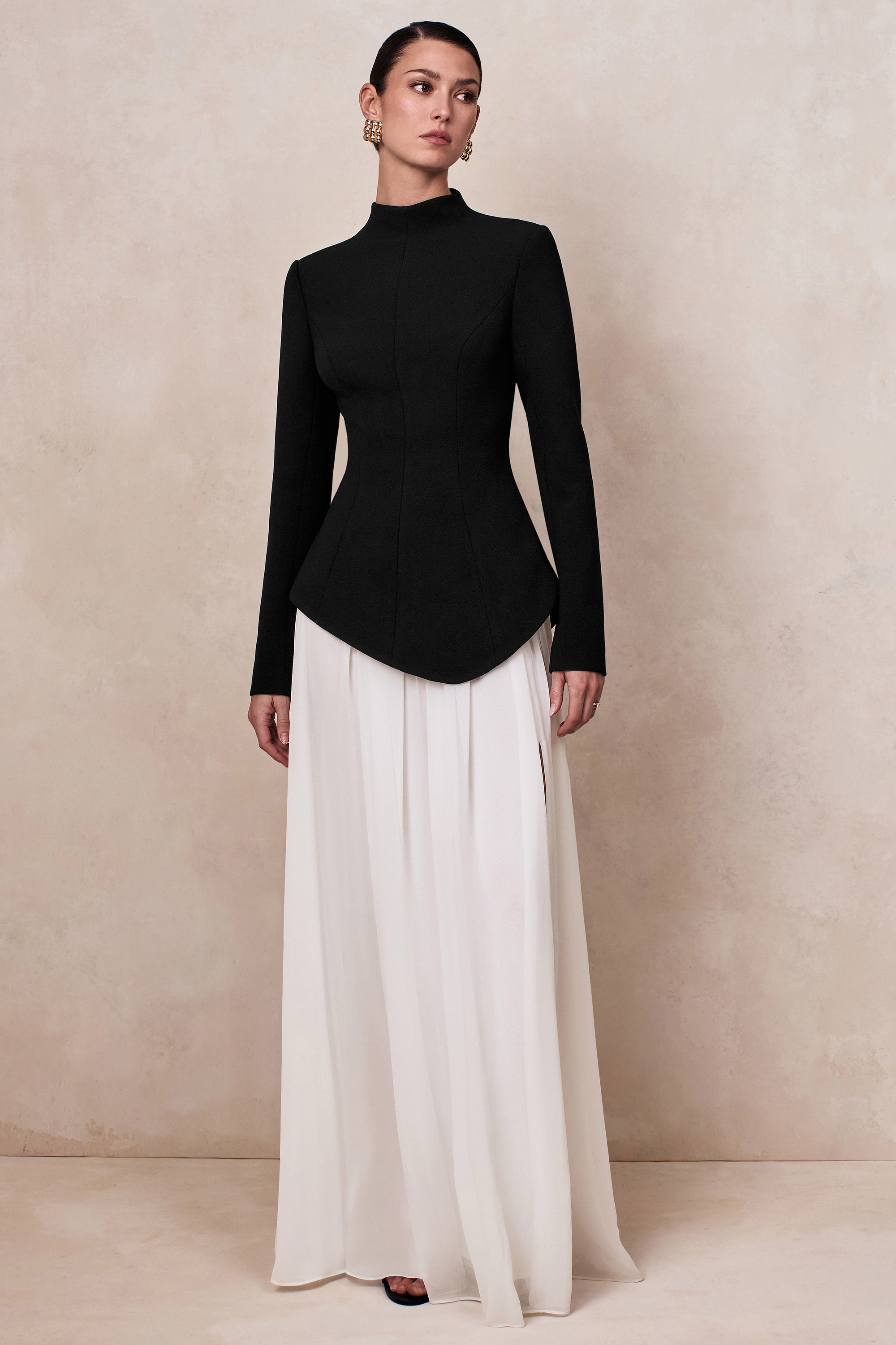 Halma | Black & White High-Neck Maxi Dress With Drop-Waist