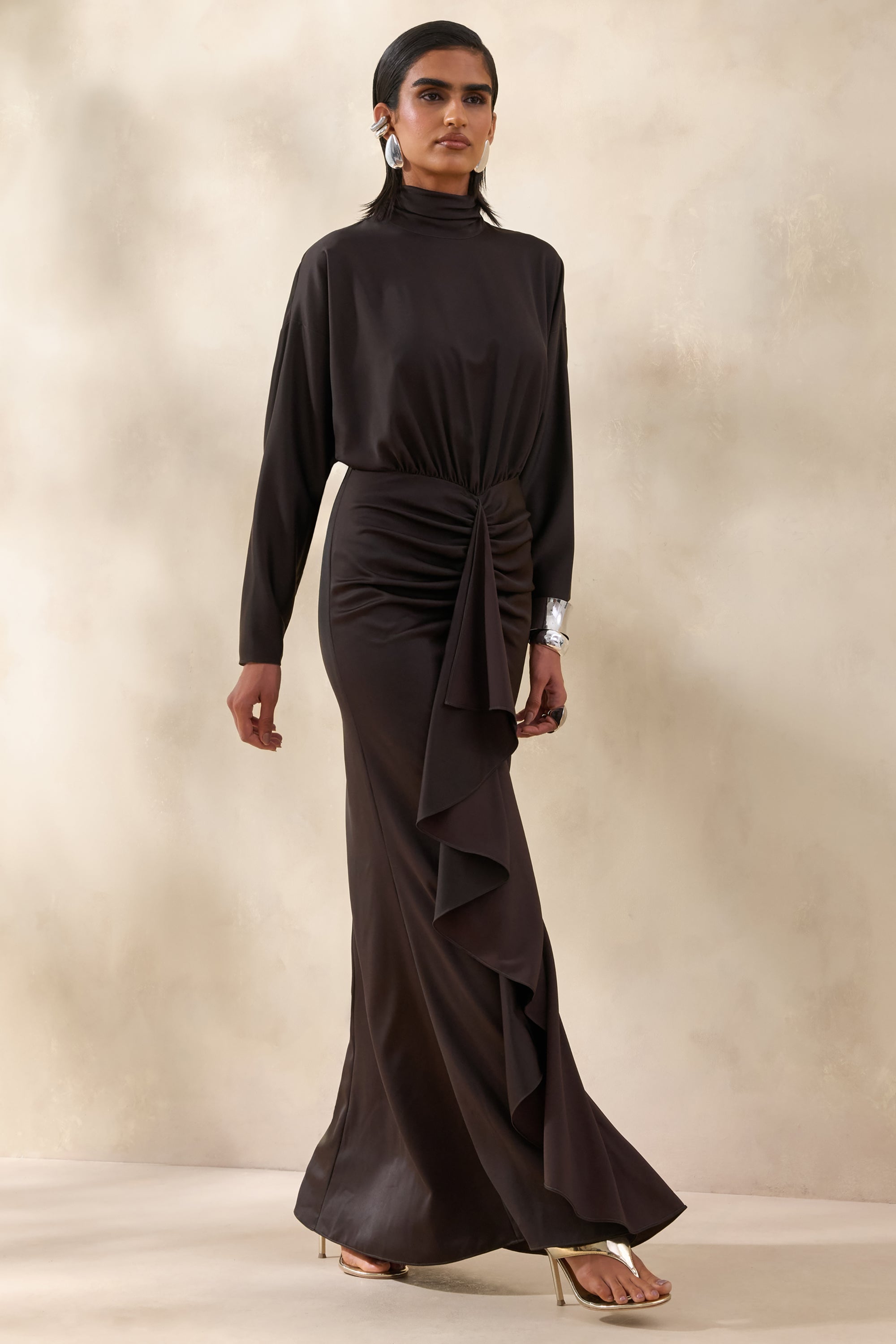 brown silk high neck dress Maura Halterneck Midi Dress in Brown Mink