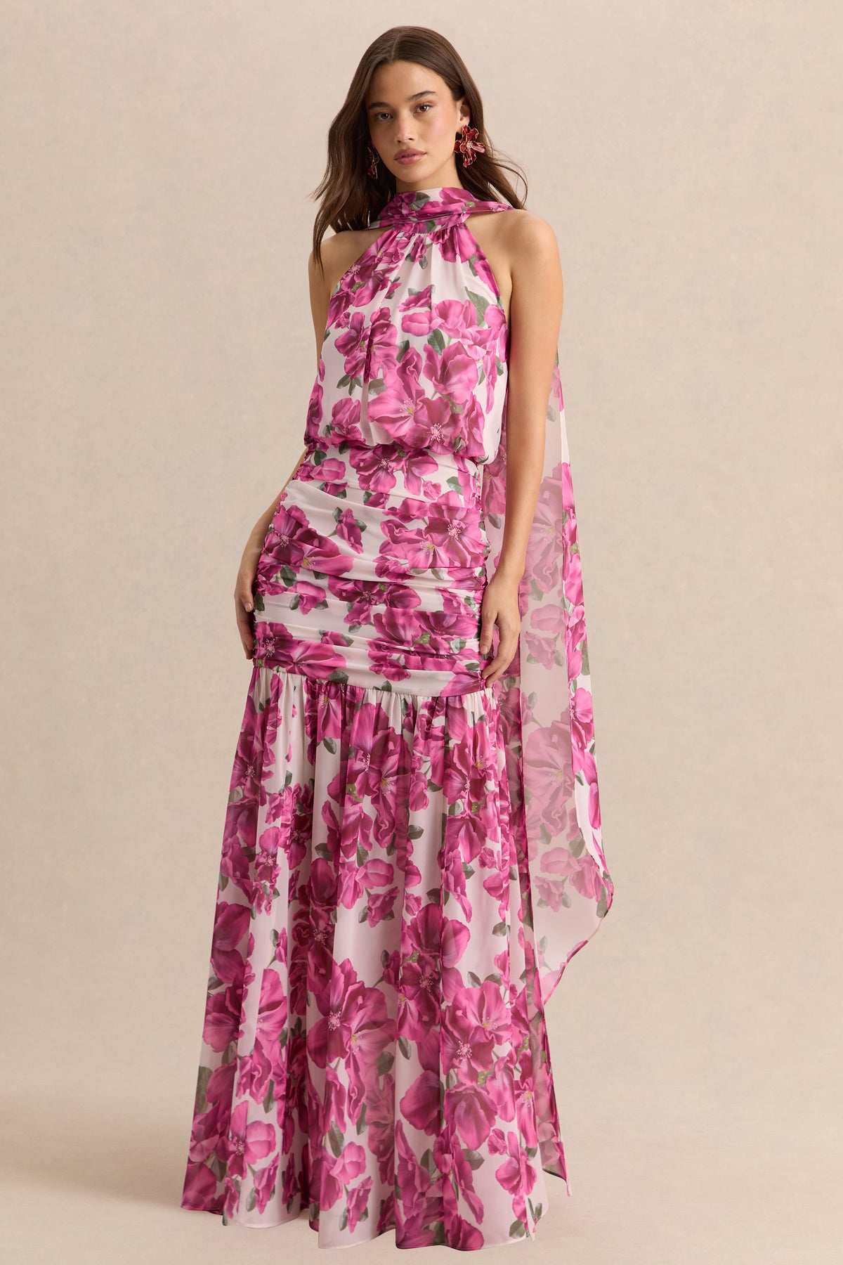 Veronique | PINK Hibiscus Floral Halter-Neck Maxi Dress Veronique | PINK Hibiscus Floral Halter-Neck Maxi Dress