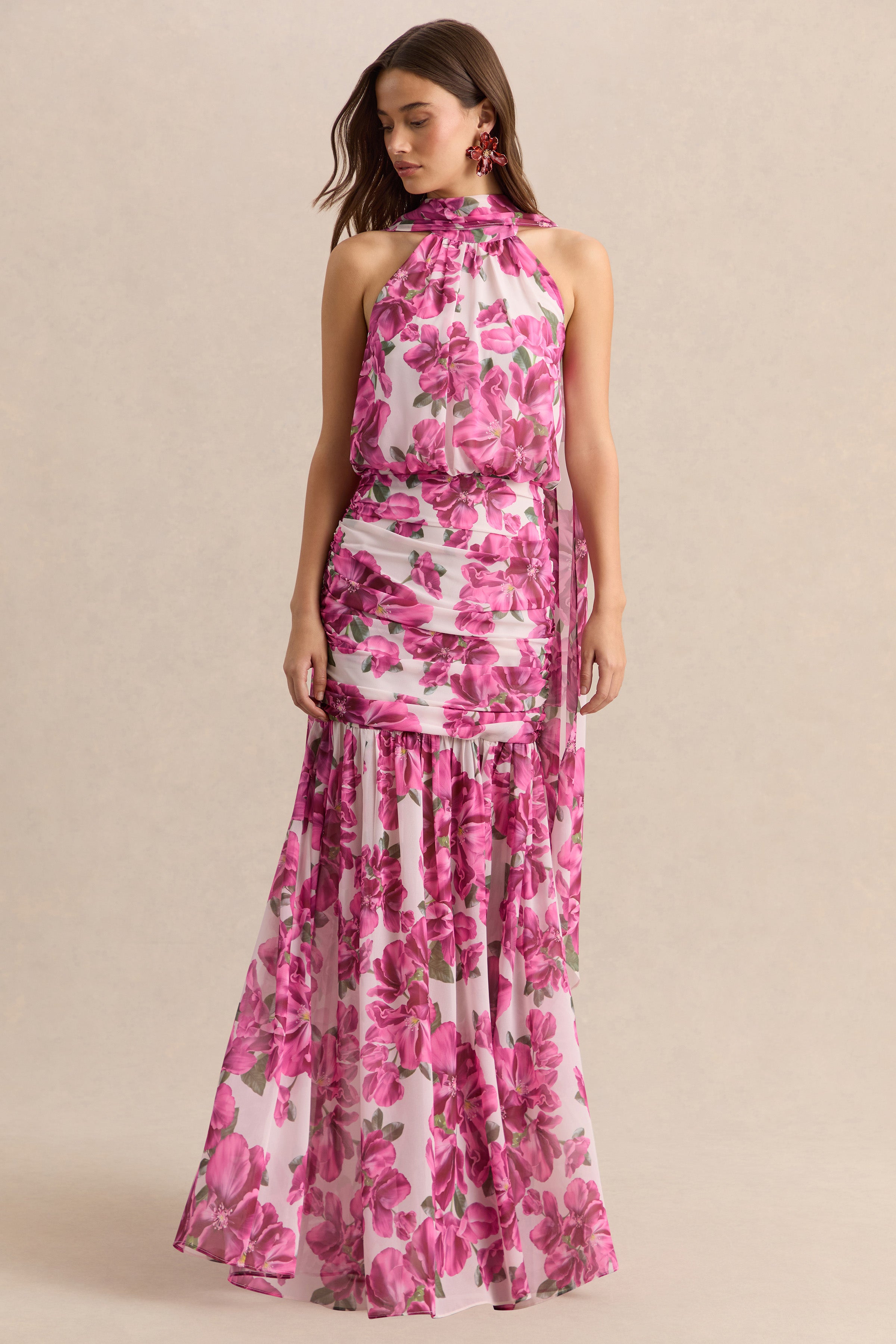 Veronique | Pink Hibiscus Floral Halter-Neck Maxi Dress – Club L