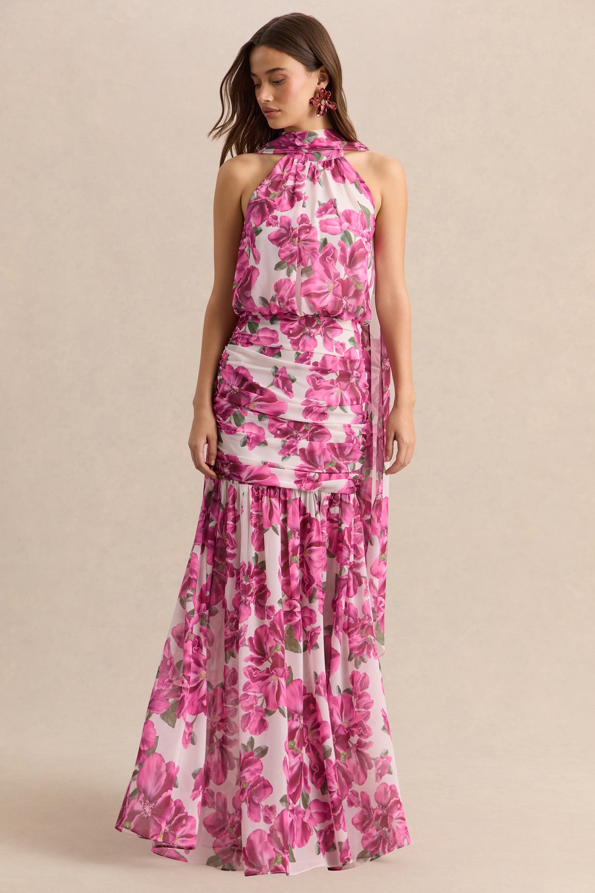 Veronique | PINK Hibiscus Floral Halter-Neck Maxi Dress - UK 6 PINK Veronique | PINK Hibiscus Floral Halter-Neck Maxi Dress - UK 6 PINK