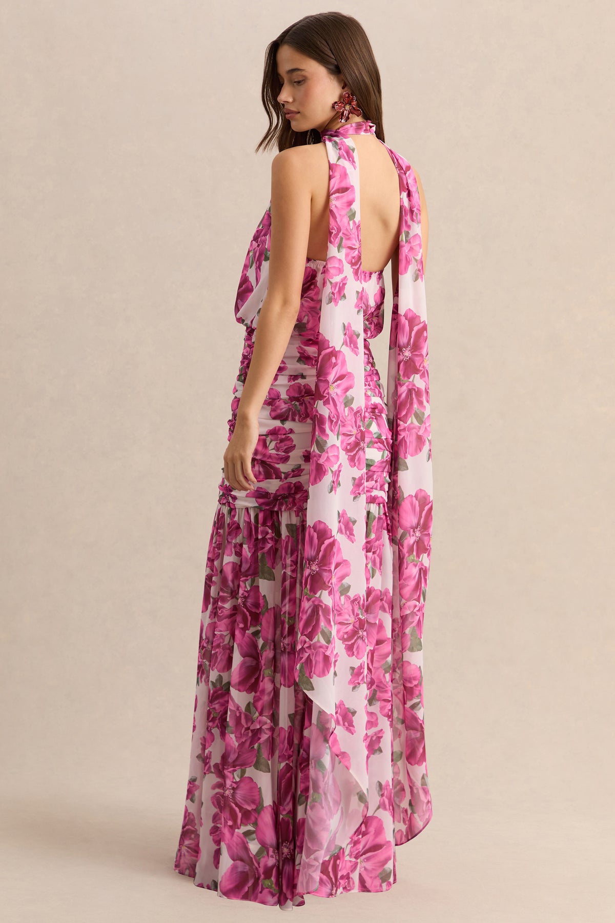 Veronique | PINK Hibiscus Floral Halter-Neck Maxi Dress Veronique | PINK Hibiscus Floral Halter-Neck Maxi Dress